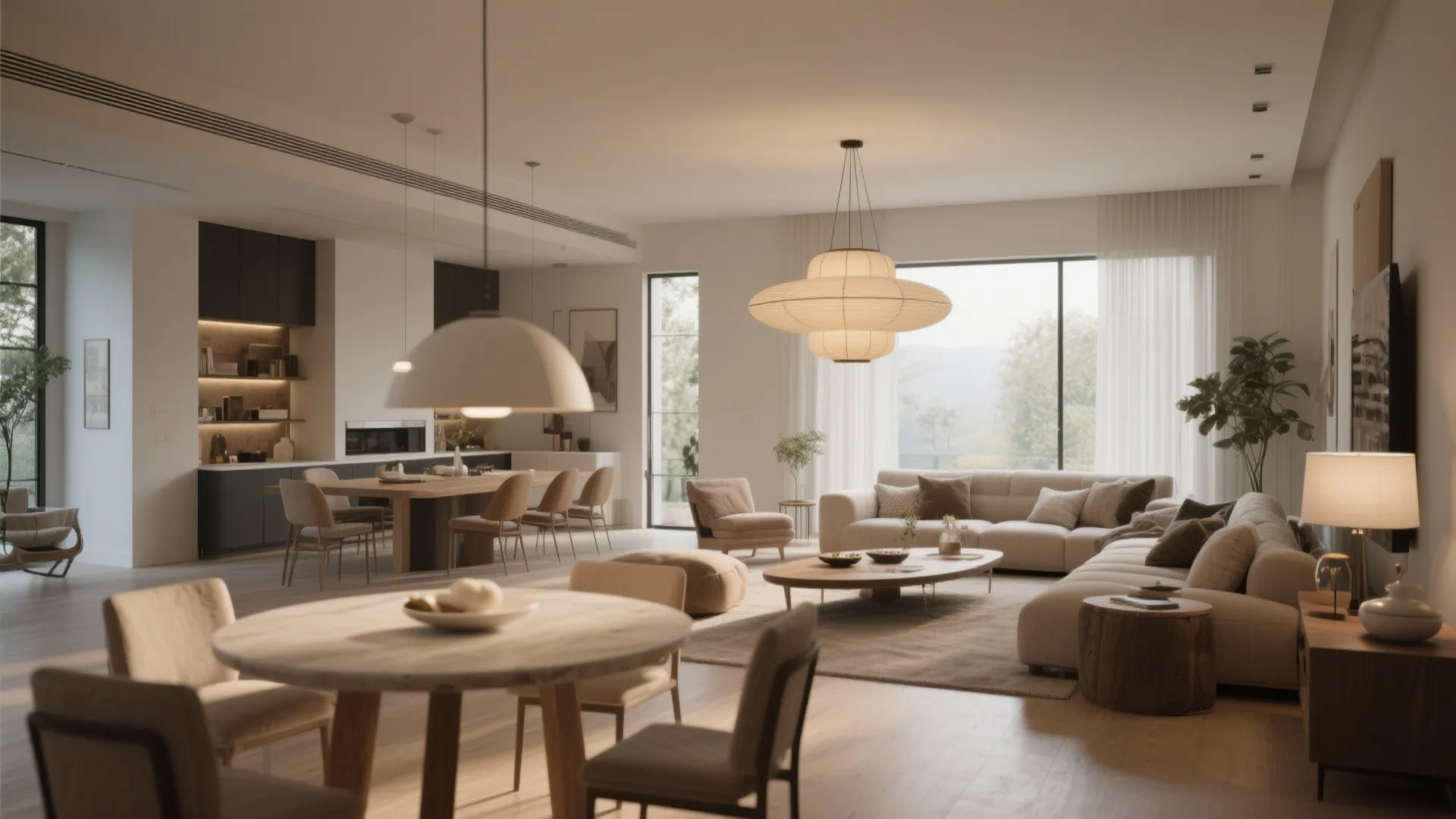 Open-plan living-dining area centered by a statement light fixture