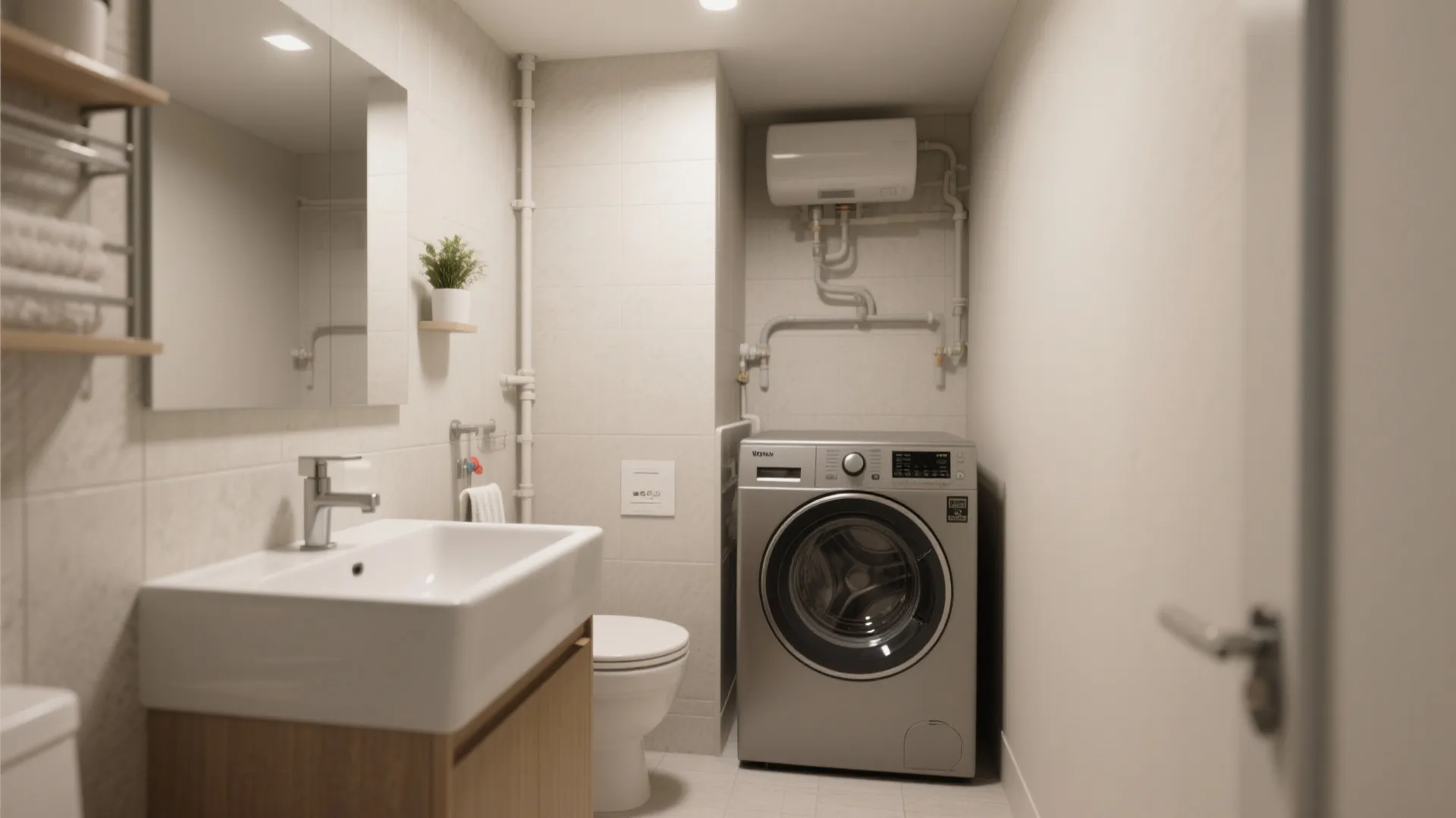 Small bathroom interior featuring a white sink toilet washing machine and visible water supply pipes