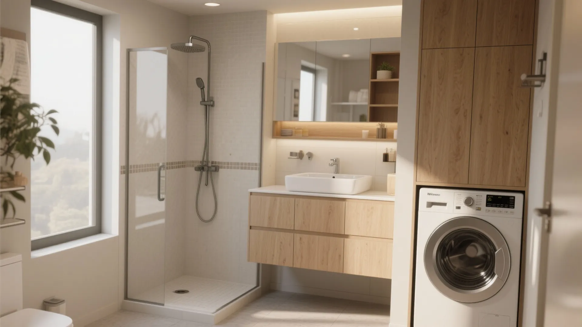 Bright bathroom featuring glass shower stall wooden vanity with sink mirror and integrated washing machine