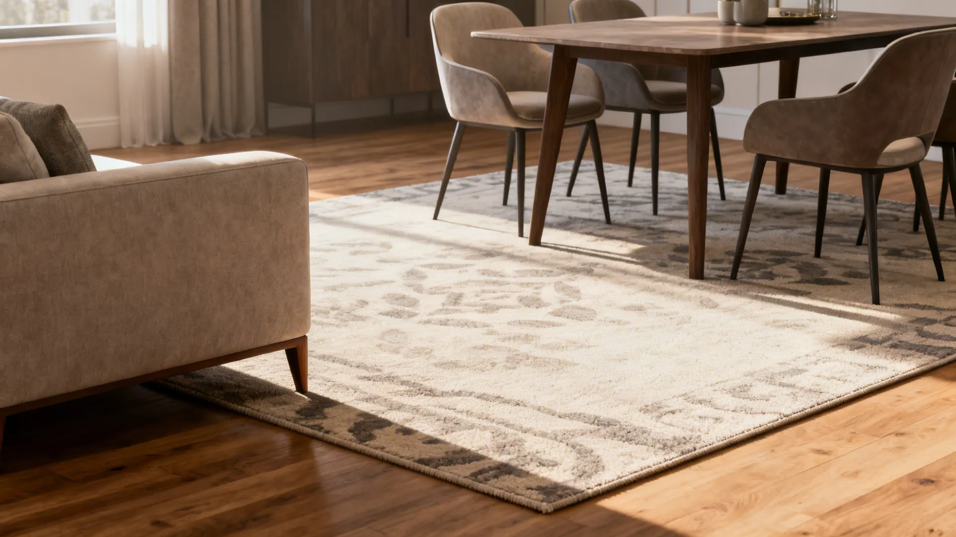 Shared rug unifying living and dining areas with visible floor perimeter for clear paths.