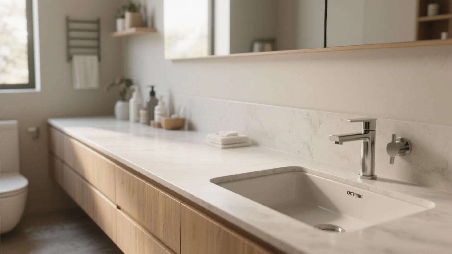 Bright bathroom interior with long marble countertop white sink silver faucet and wooden storage cabinet drawers