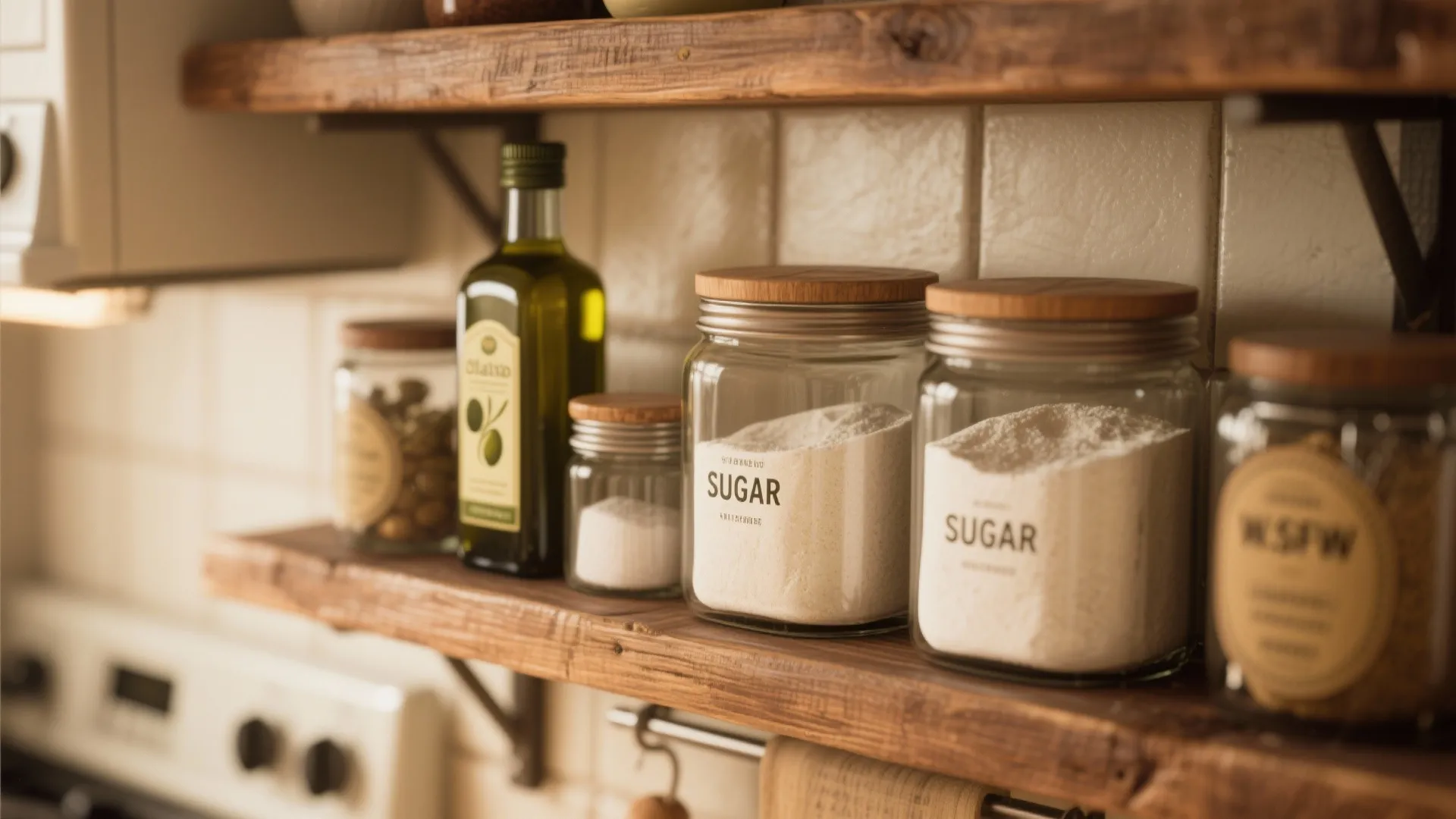 Wooden kitchen wall shelves holding glass jars with sugar olive oil and white ceramic tiles