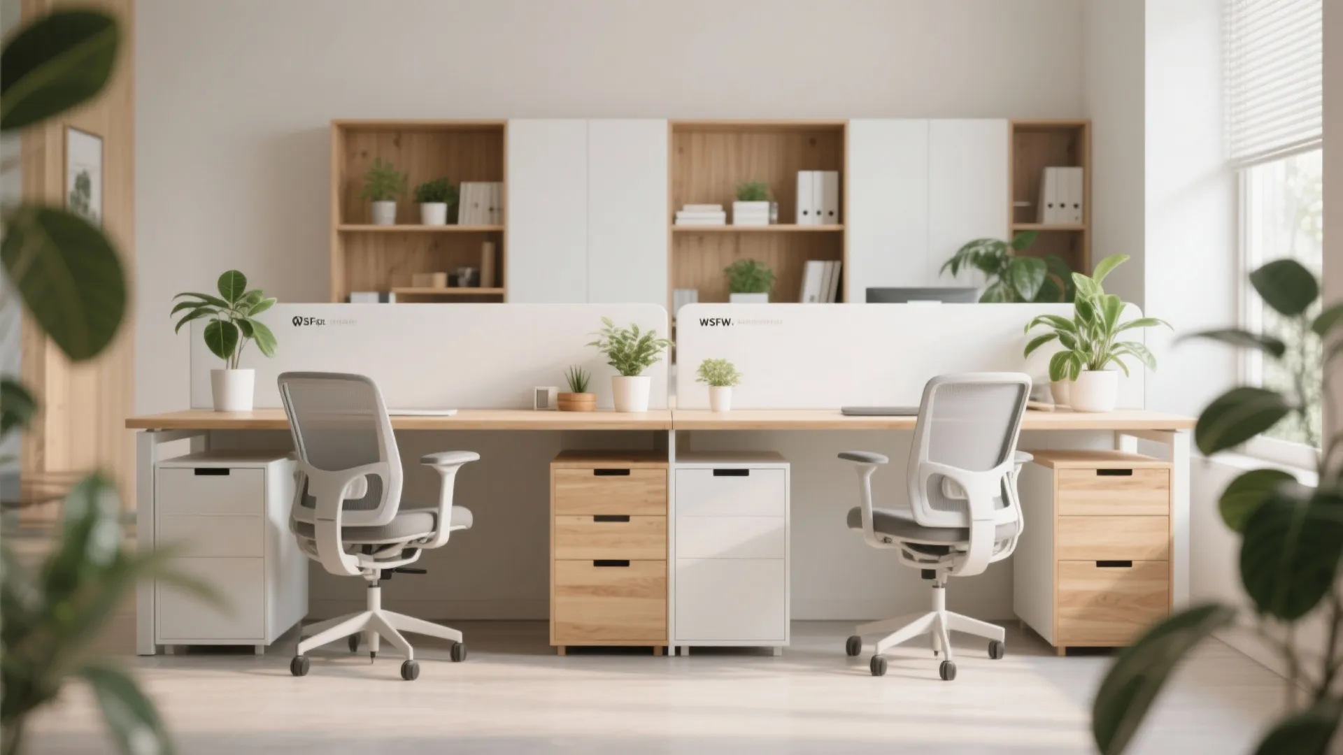 Bright office workspace with two white chairs wooden desks white dividers and large wooden wall cabinets