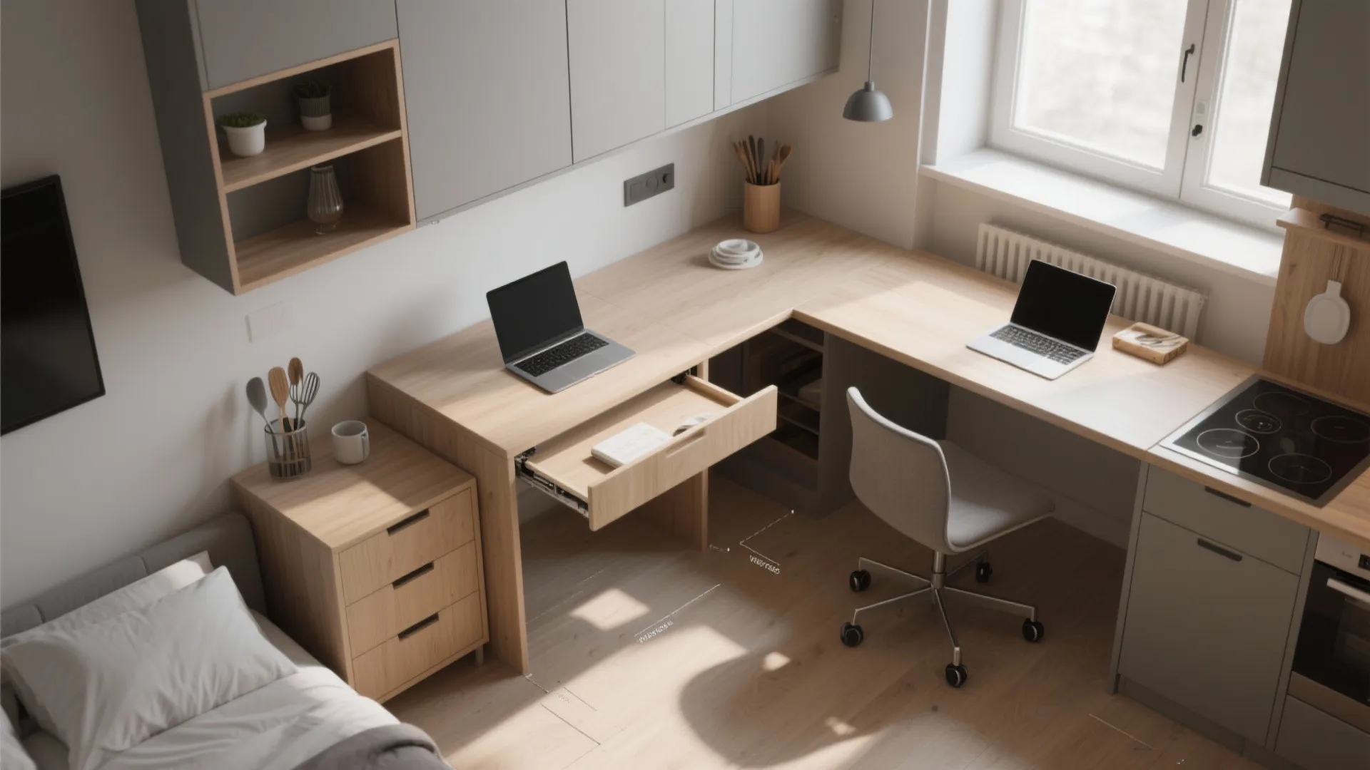 Top view of a small room layout featuring an L-shaped wooden desk and kitchen surface