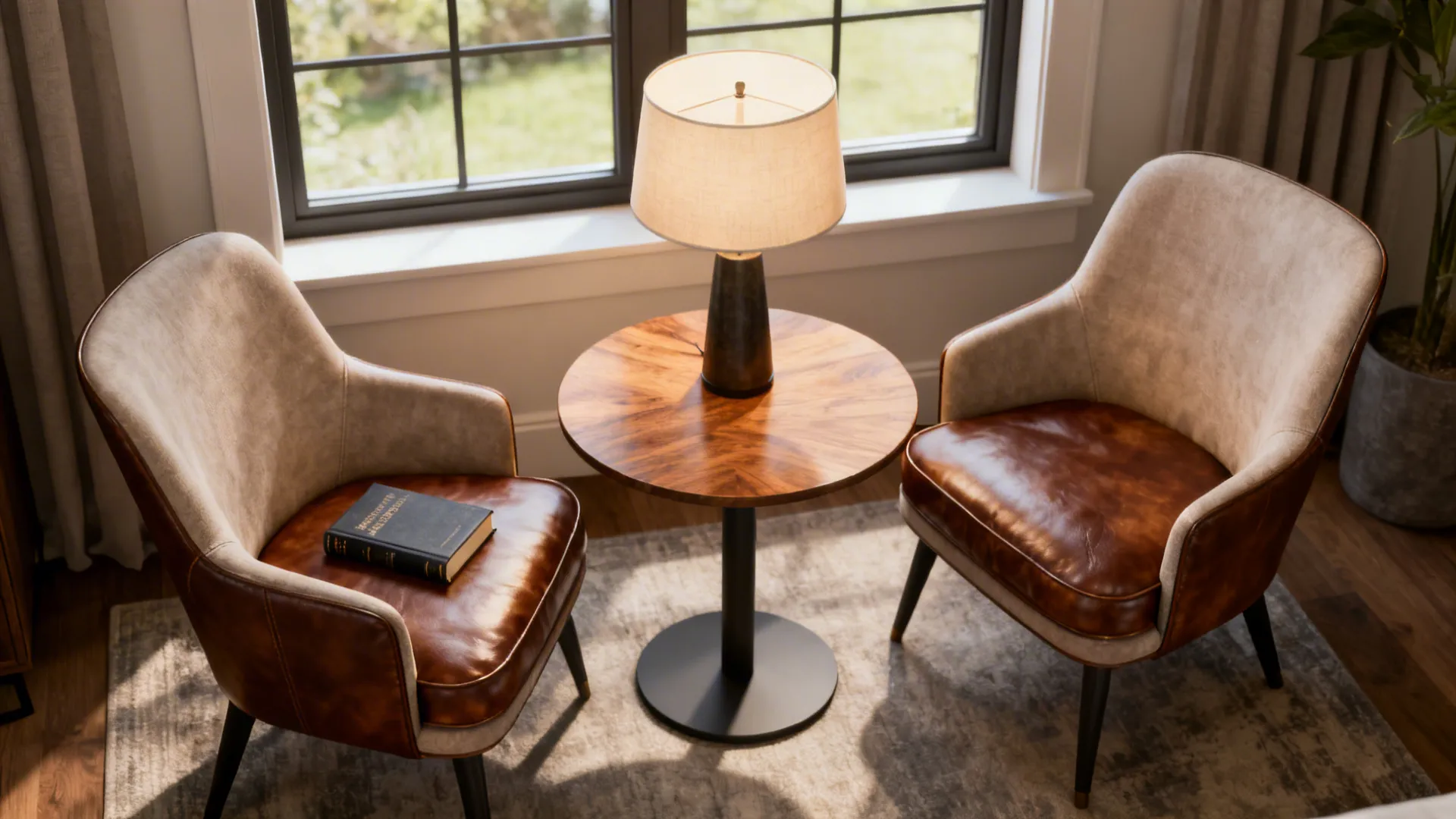 Small round table between two accent chairs with a lamp and book, showing correct proportional scale.