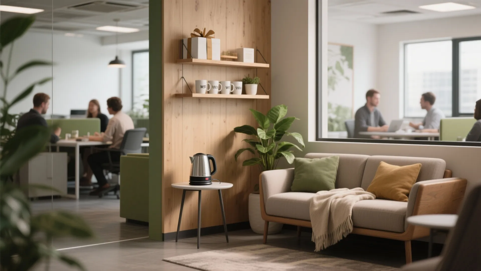 Modern office lounge area with grey sofa wooden wall panels kettle and shelves with gift boxes