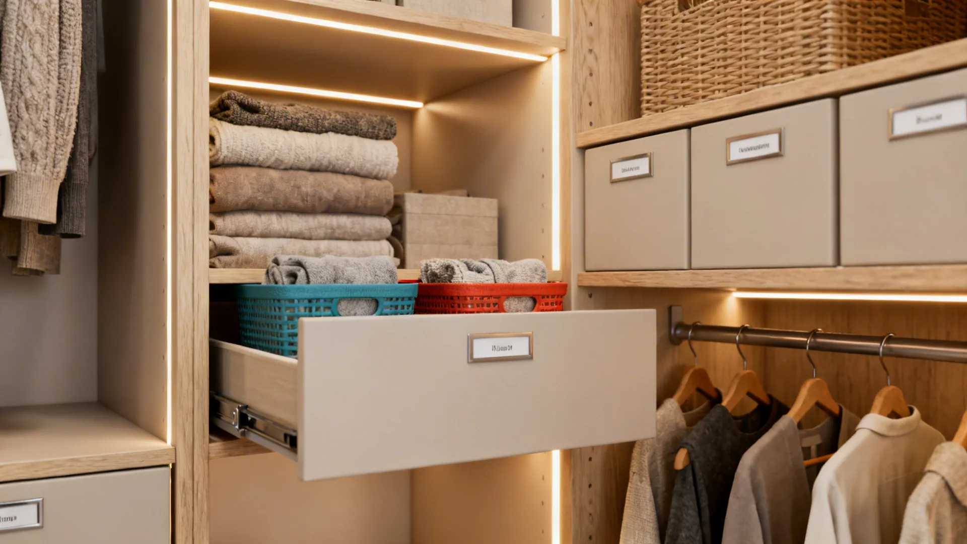 Organized shared wardrobe with divided zones, baskets, pull-out shelves, and hanging space.