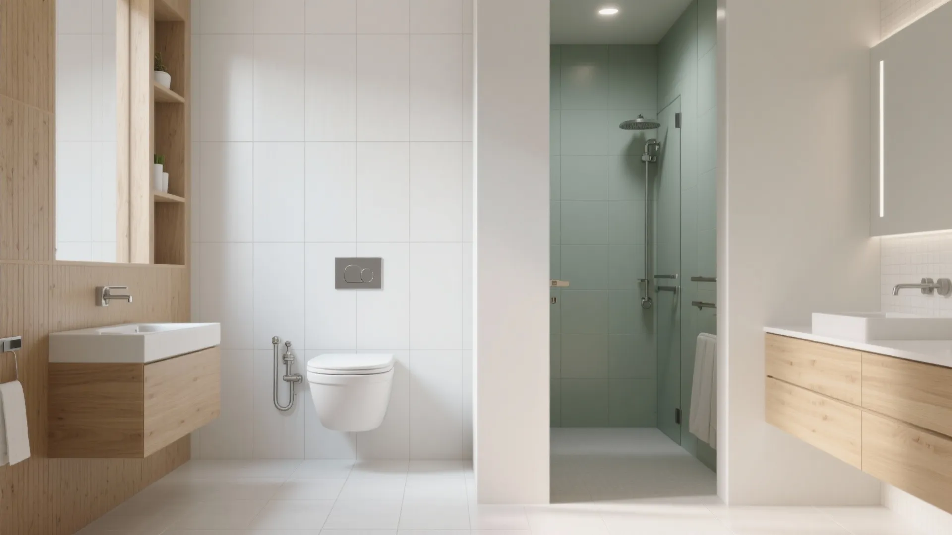 4. One Shared “Wet Wall” + Wall-Hung Fixtures