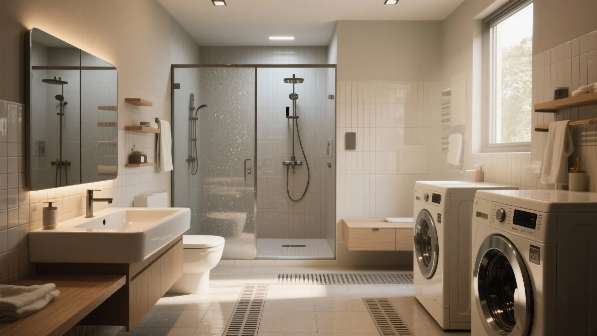 Bright bathroom layout with glass shower plus washing machines beside a white sink and toilet