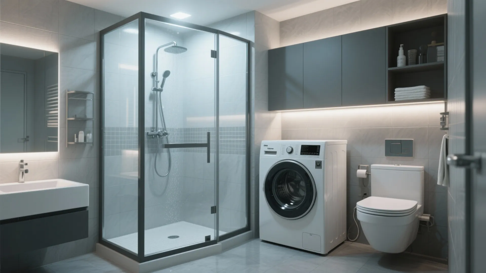 Small bathroom walk-in shower with laundry machines inside glass enclosure