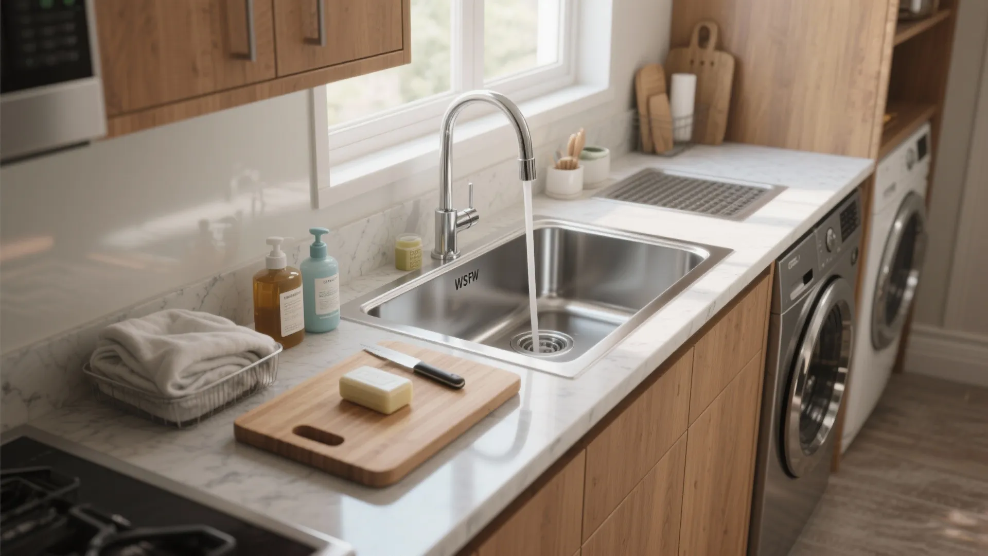 Modern kitchen sink area with marble countertop wood cabinets washing machine and natural window light