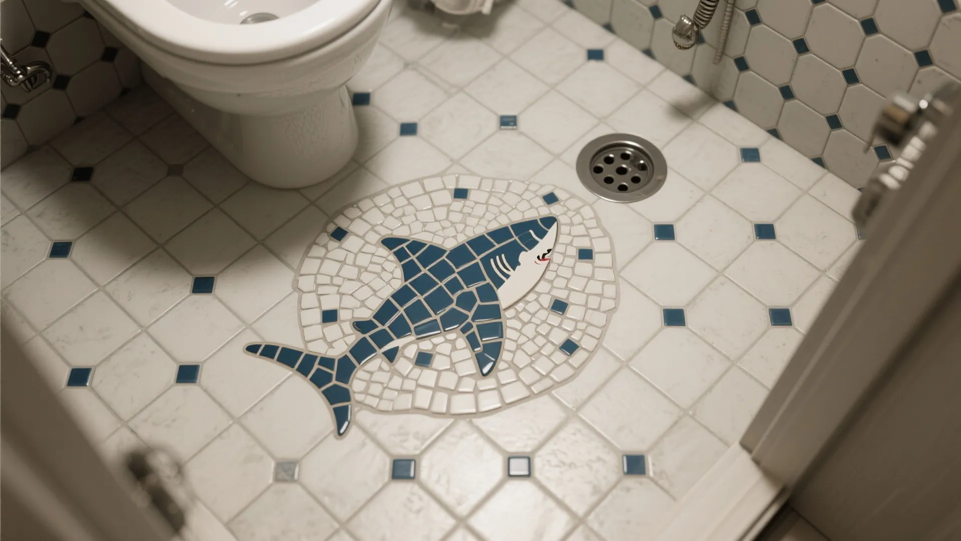 Top-down view of a small shark mosaic in the bathroom floor near the drain with textured porcelain tiles.