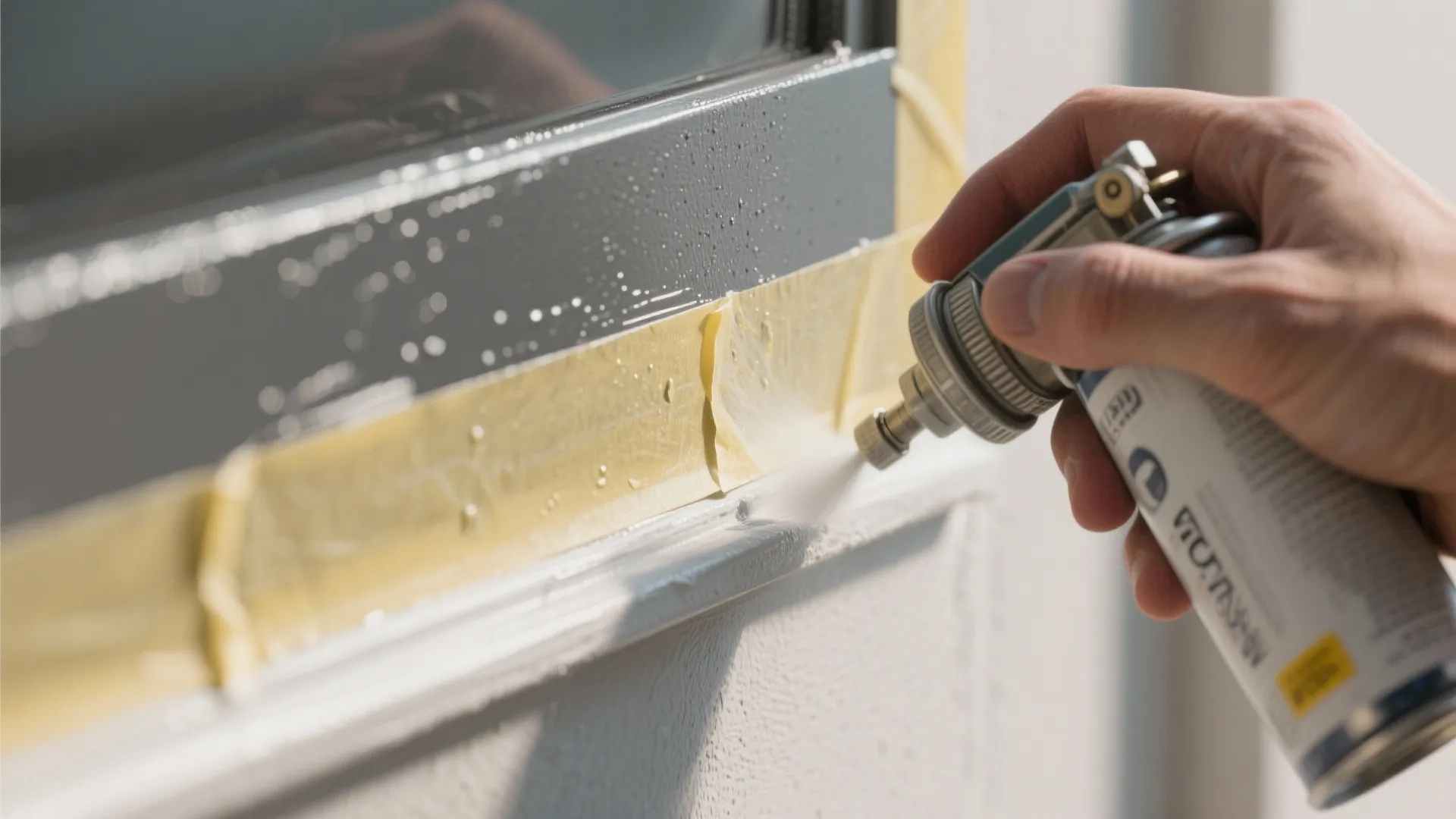 Close up view of hand using spray tool to paint window frame with masking tape
