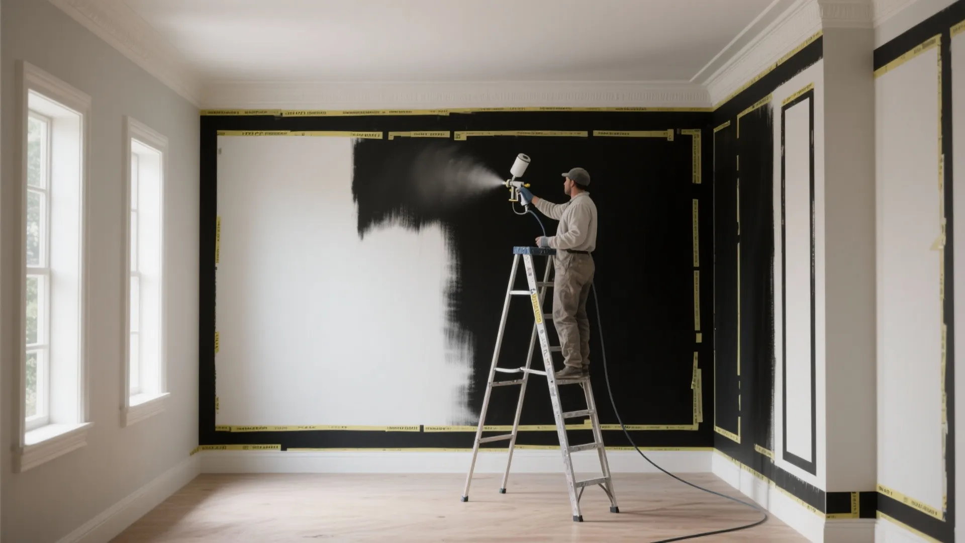 Man on ladder using paint sprayer to apply black paint onto white wall with tape