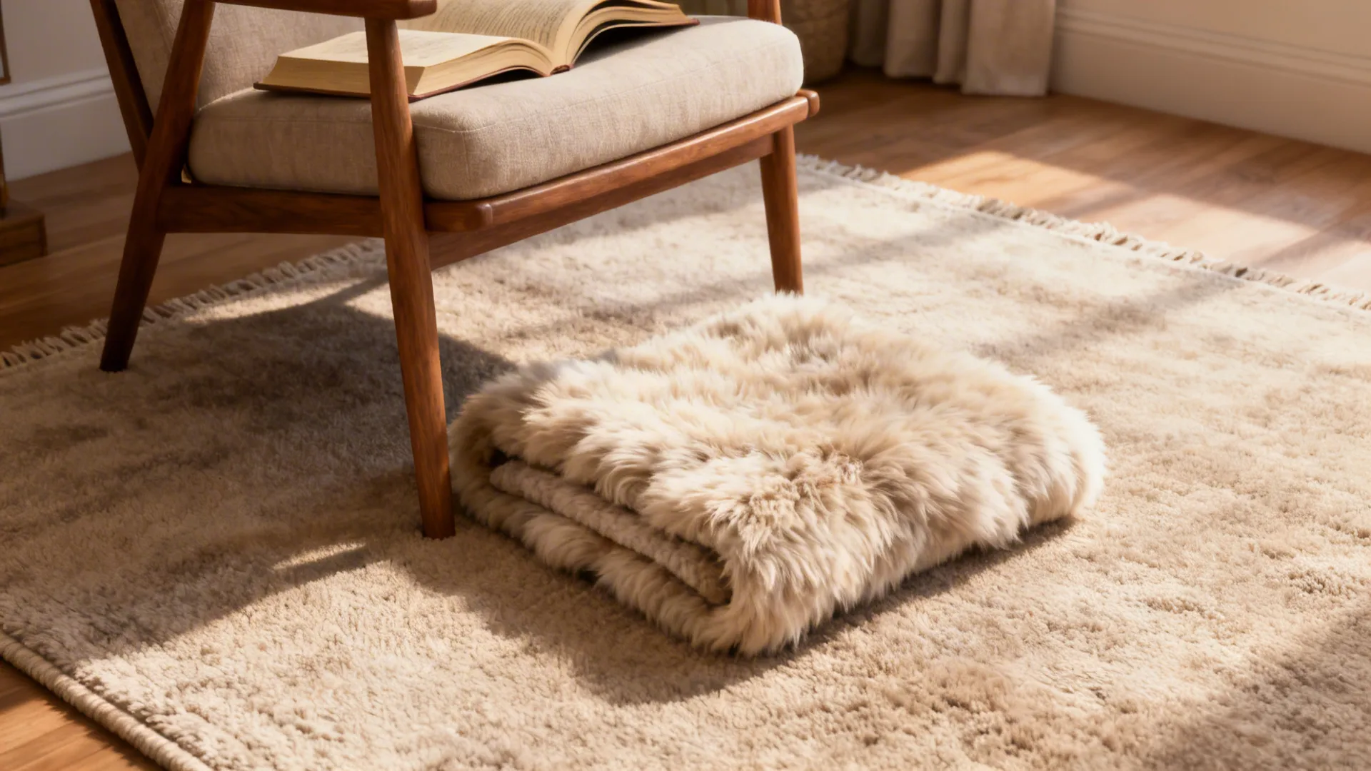 Layered neutrals: shearling on top of a flat rug creating a cozy reading nook.