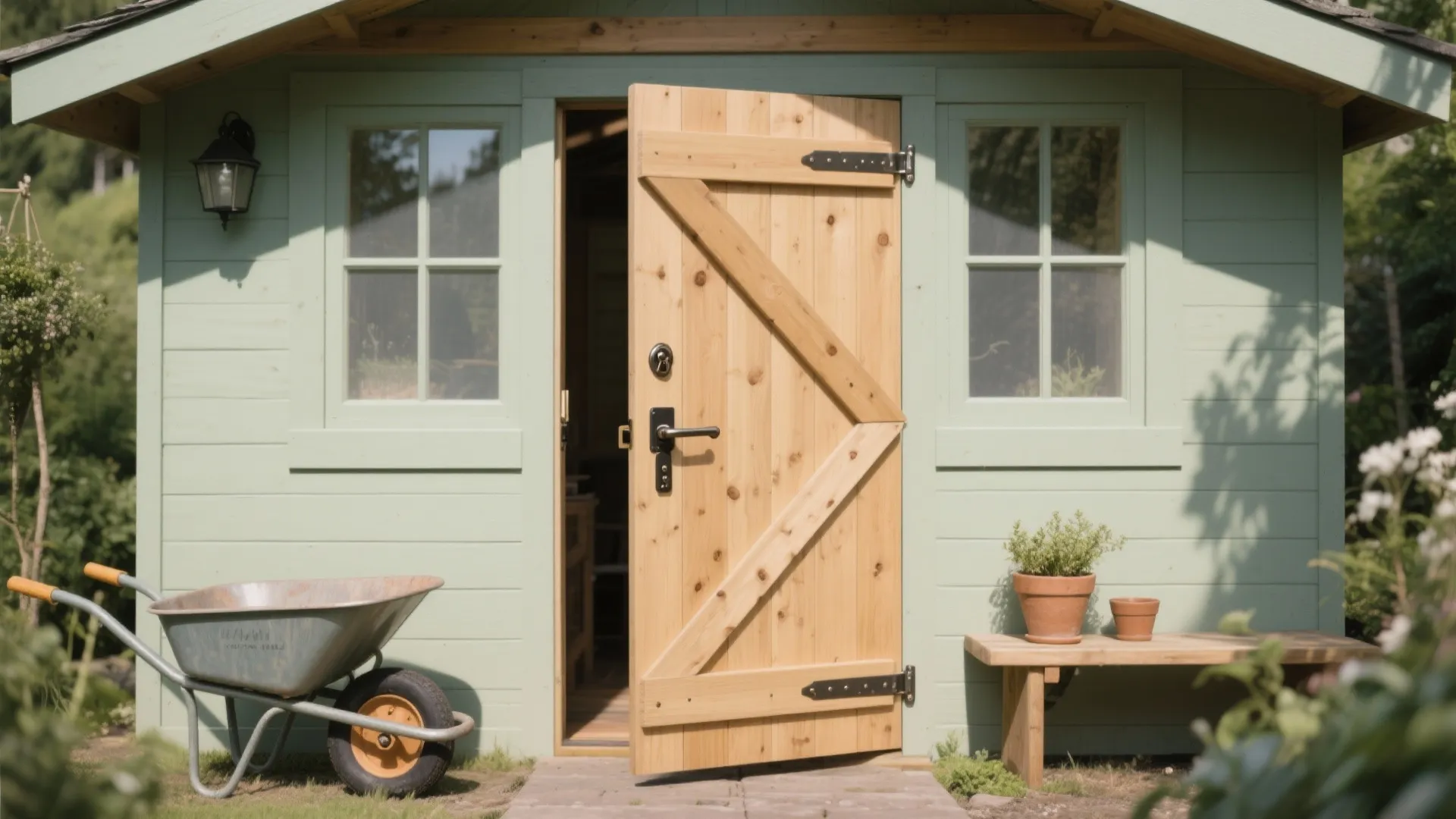 Green garden shed featuring an open wooden door with black hinges windows wheelbarrow and plants