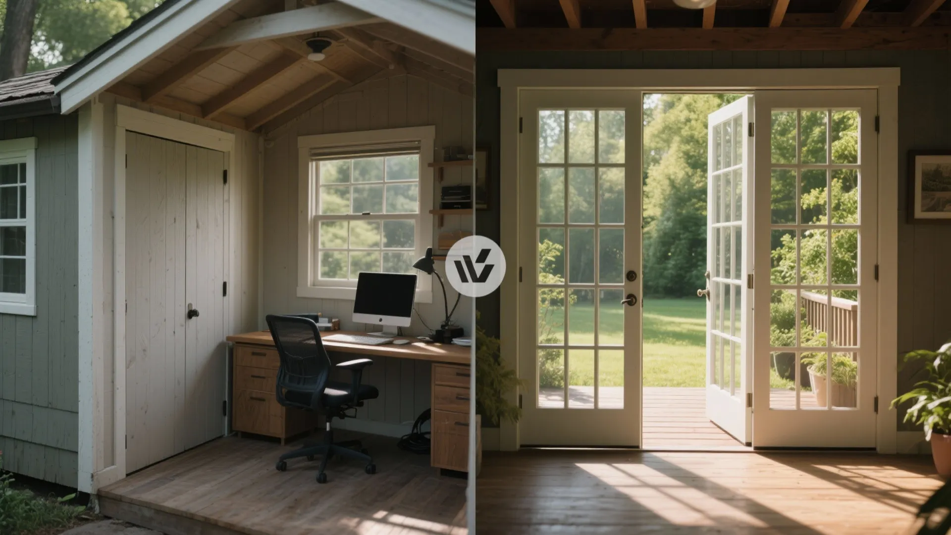 Comparison of a small desk area and wide open glass doors leading to the garden