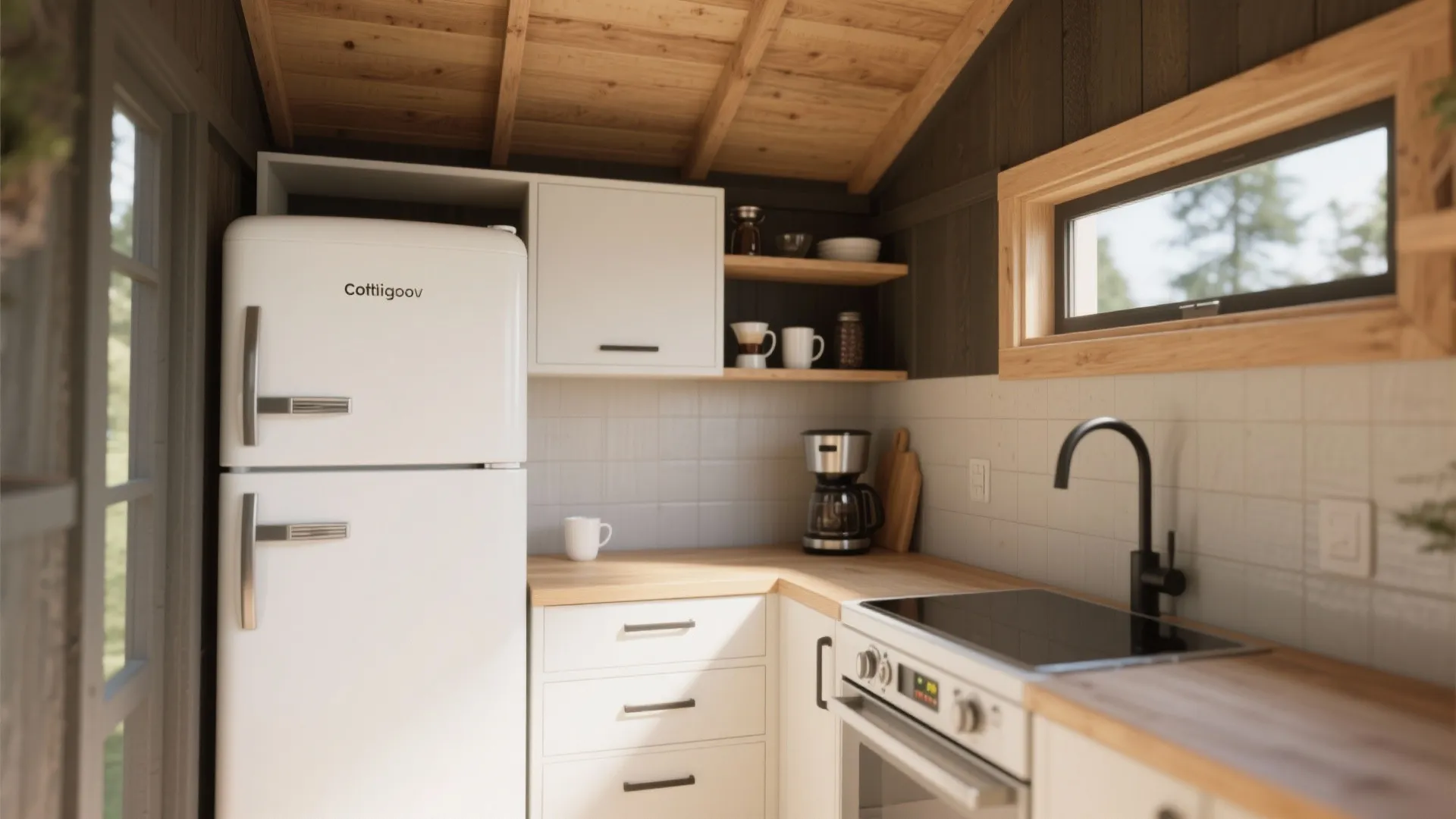 Small wooden kitchenette with white fridge white cabinets wooden countertop coffee maker and black water tap