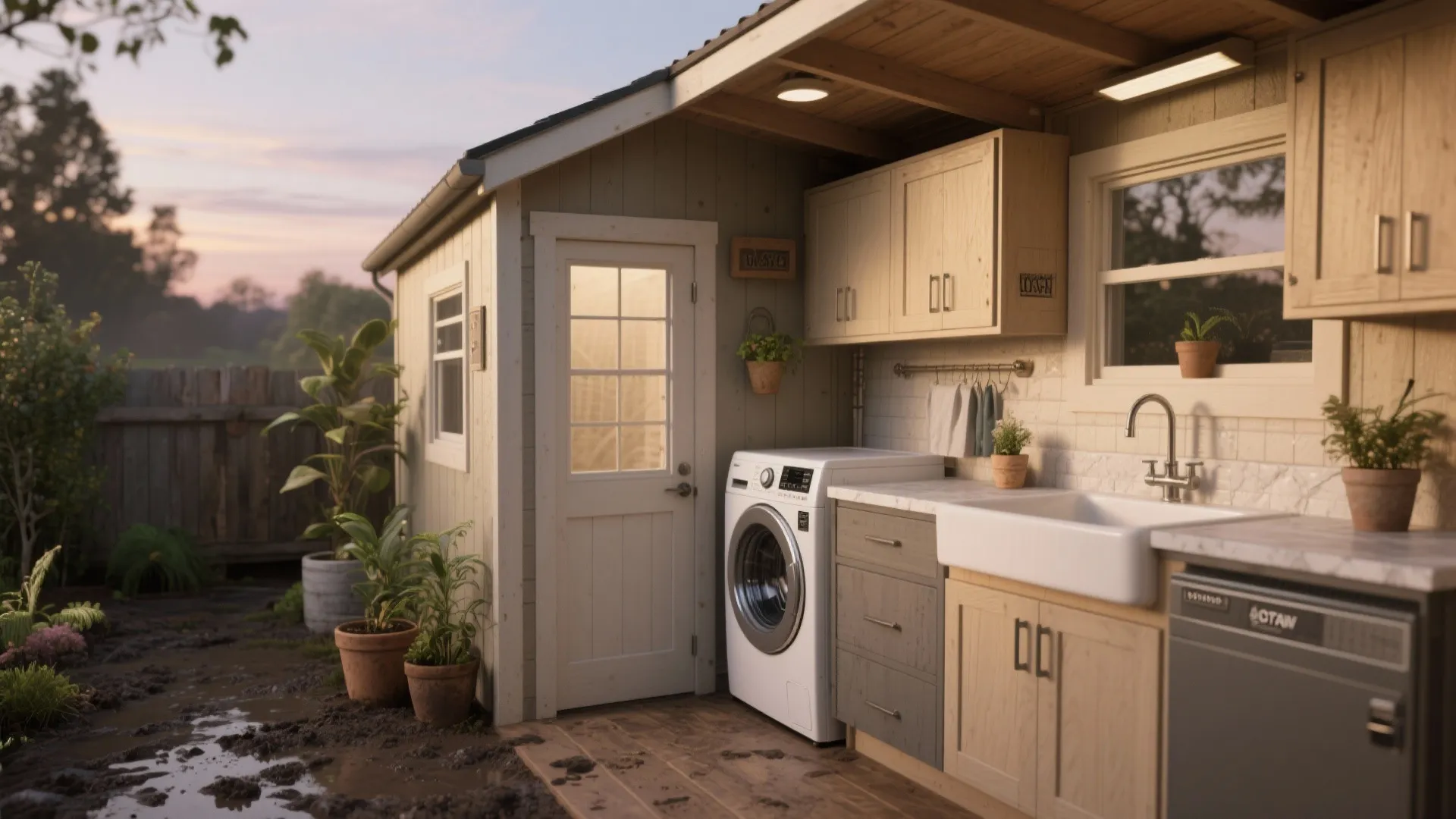 Small laundry shed with white washing machine wooden cabinets large sink and outdoor garden view