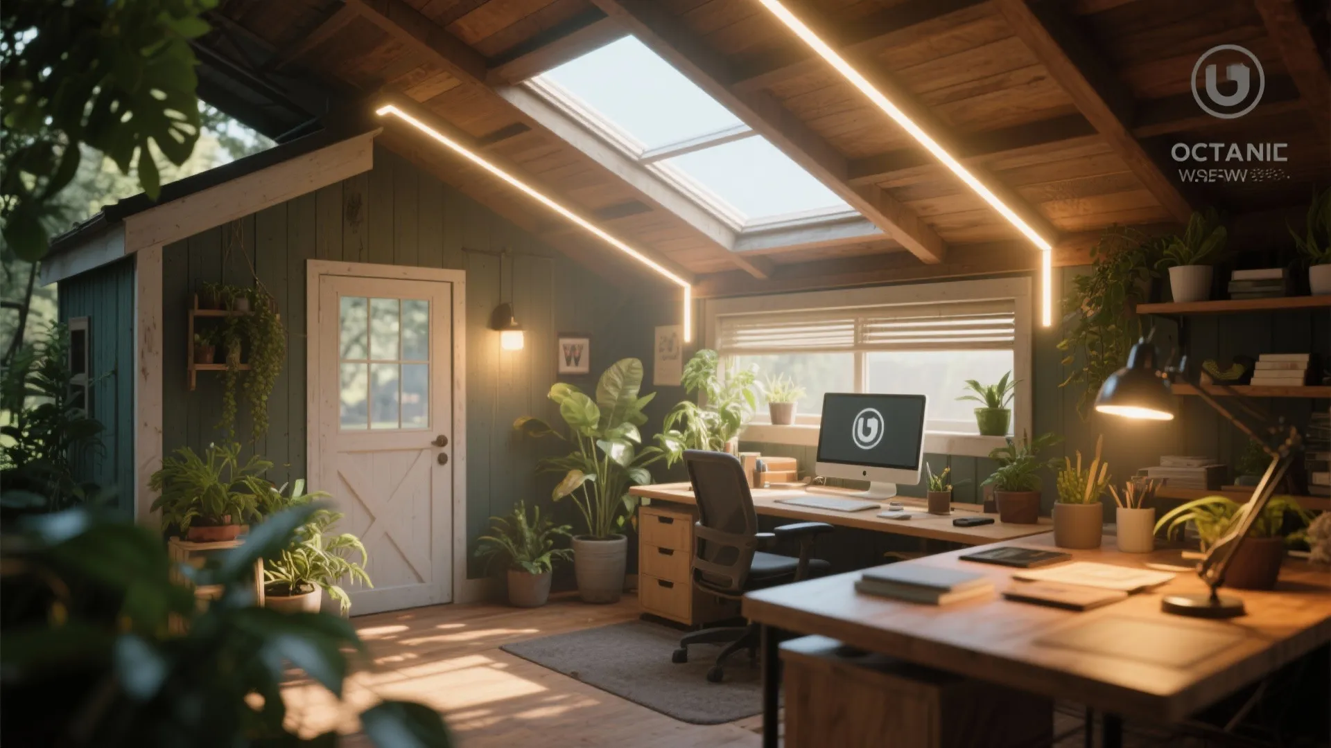 Cozy garden shed office featuring wooden roof window bright ceiling light and green indoor potted plants