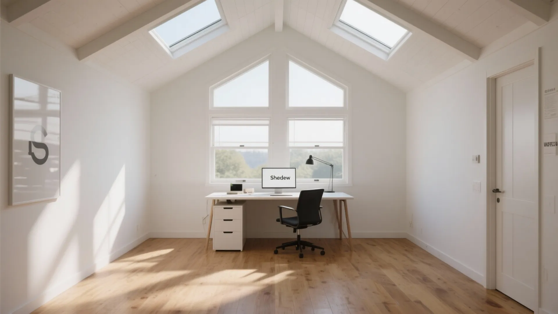 Bright white home office with wooden floor desk chair and natural light from roof windows