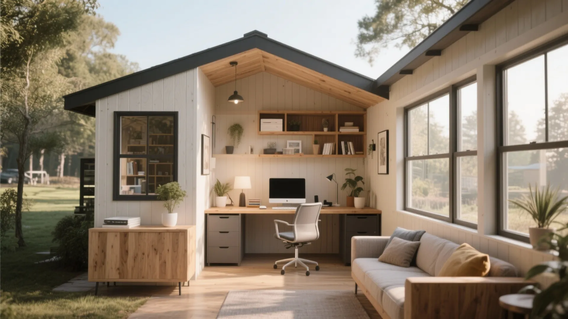 Bright backyard garden office interior with wooden desk grey chair sofa shelving and large glass windows