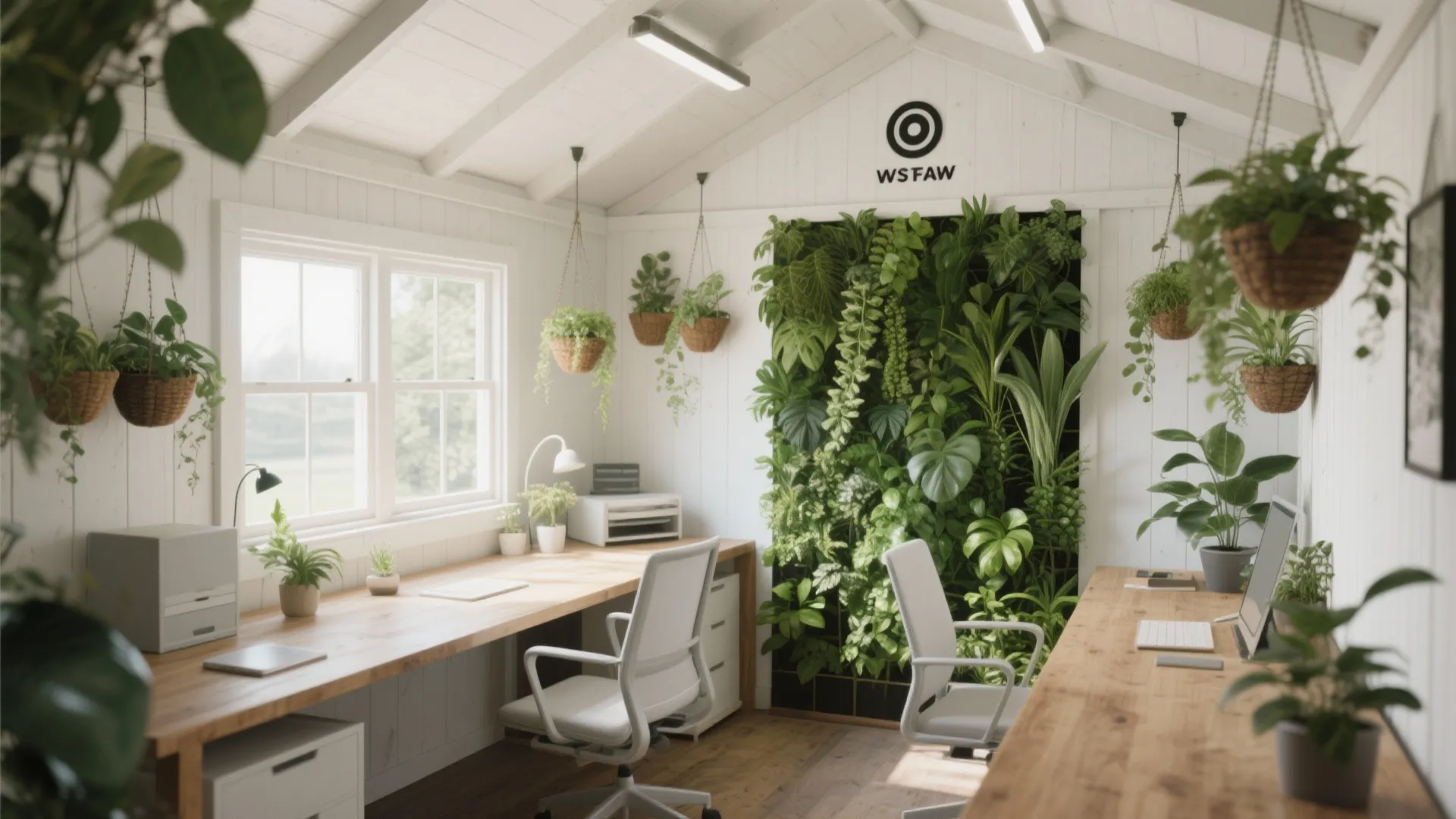 Bright white backyard office shed with vertical plant wall wooden desks and hanging green potted plants