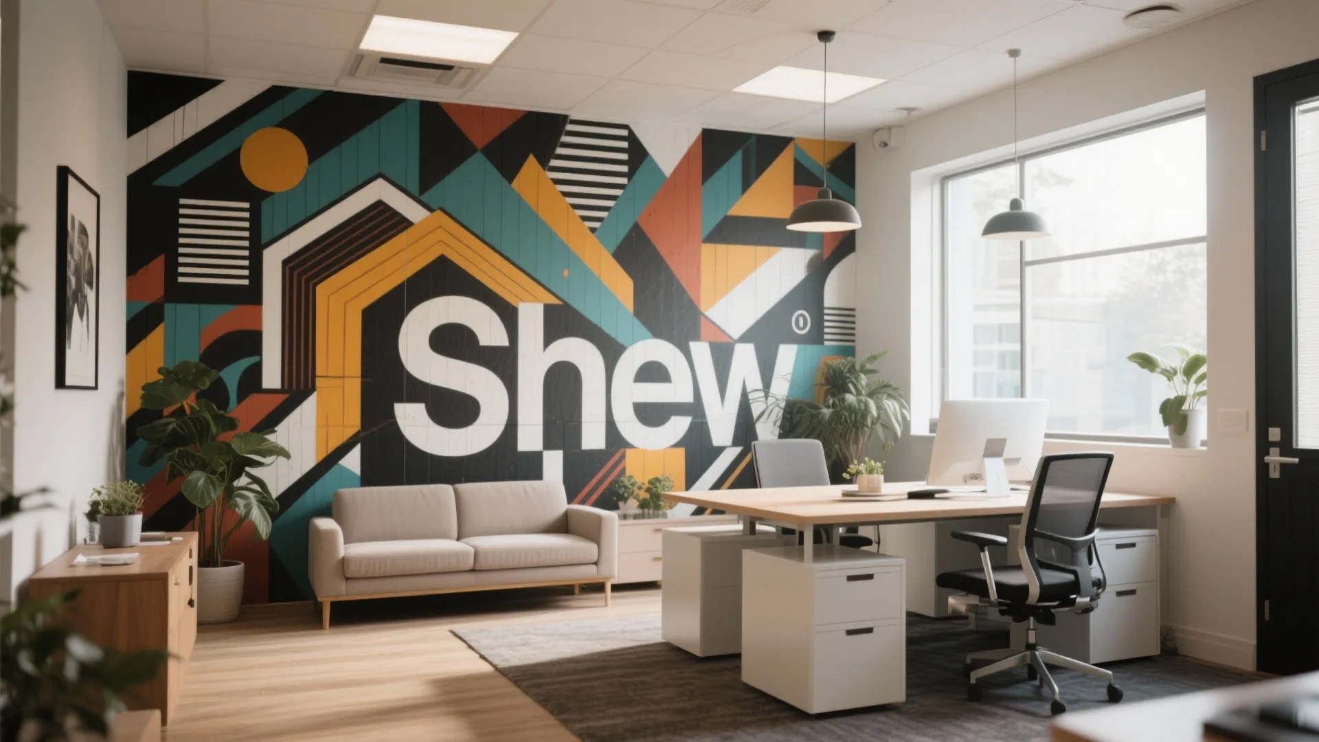 Modern office interior featuring colorful geometric wall design white desk grey sofa and big bright windows