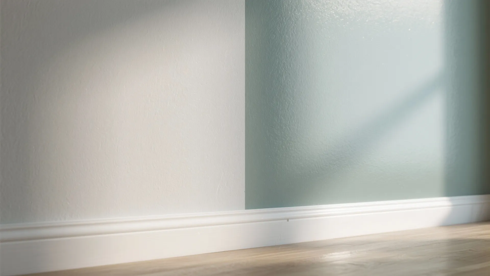 Close up view comparing matte white wall paint next to a shiny light blue finish