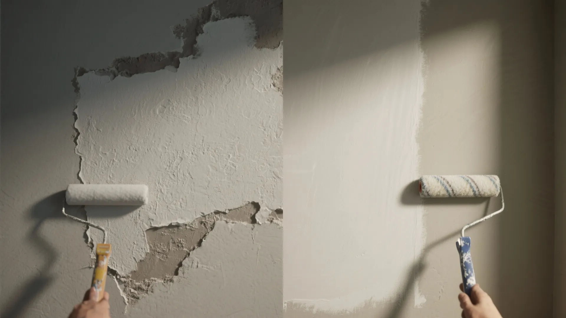 Before and after comparison of damaged wall repair and smooth white paint application using rollers