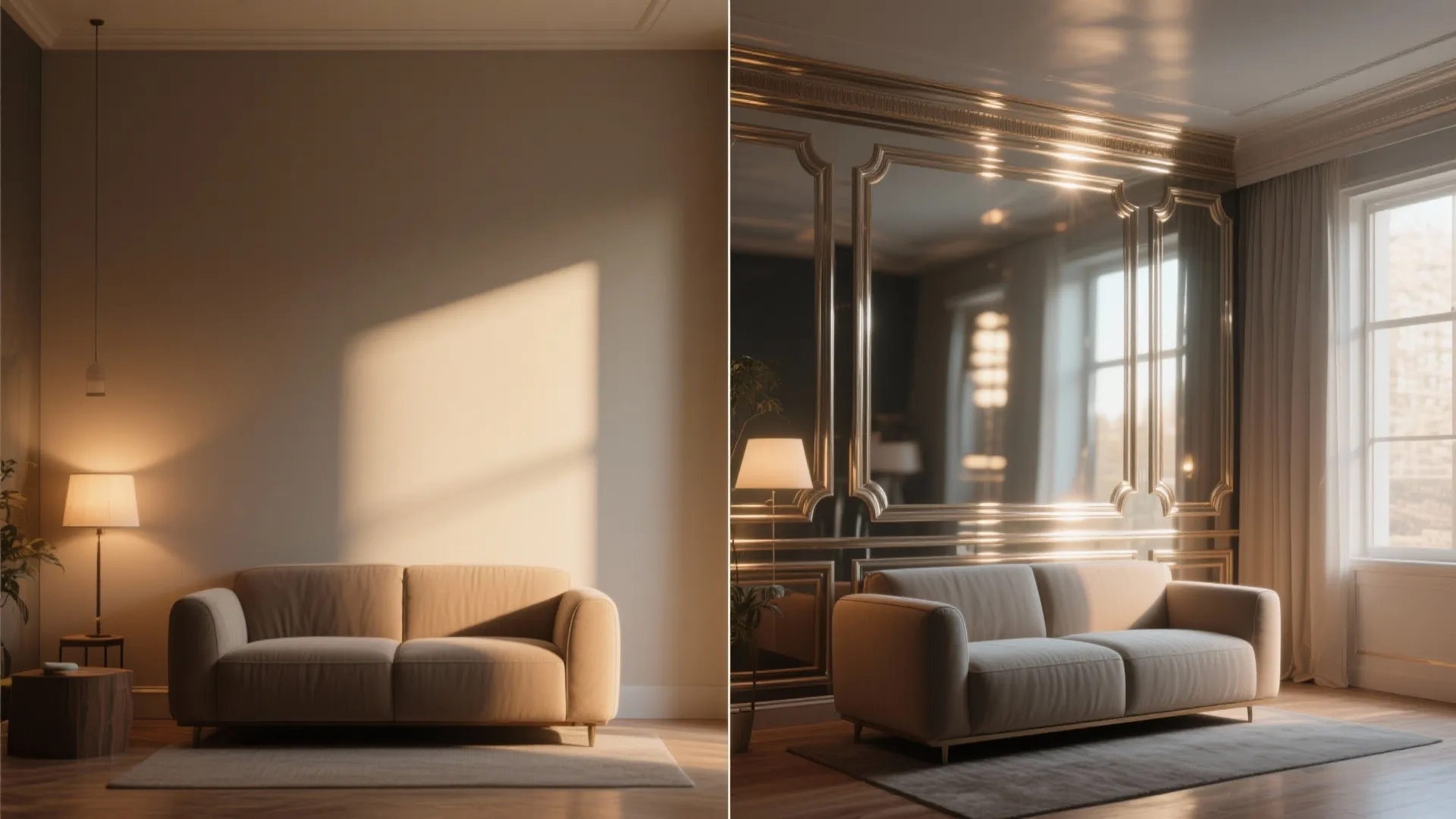 Comparison of a living room sofa against a plain wall versus a decorative wall panel