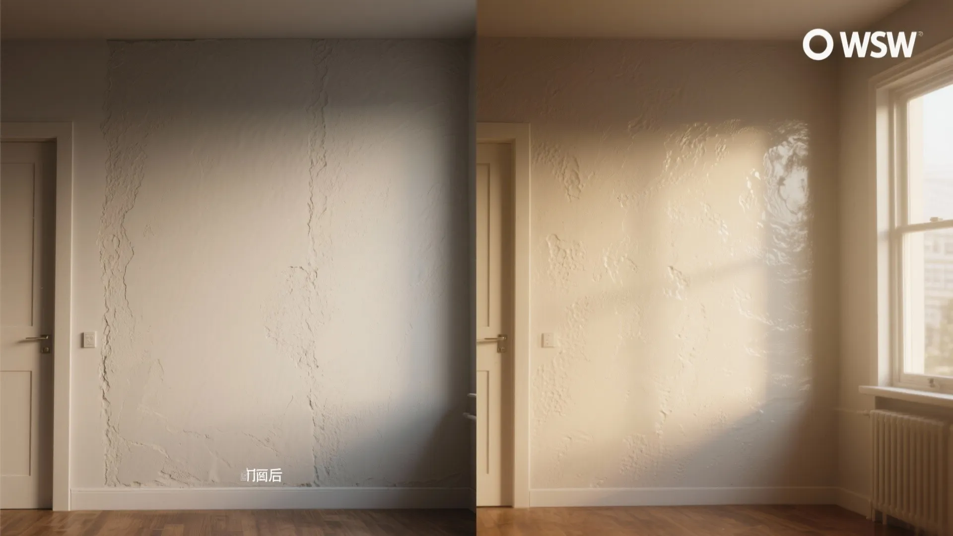Before and after comparison of a rough white wall texture versus a shiny smooth wall finish