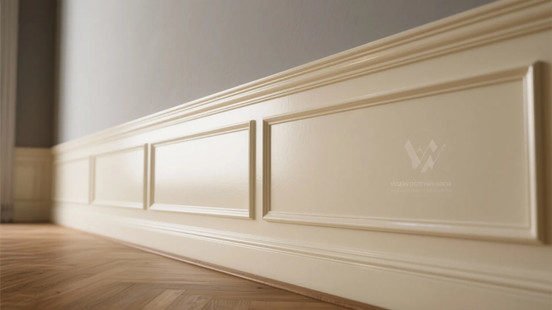 Cream colored wall panel installed on a gray wall above a light wooden floor interior