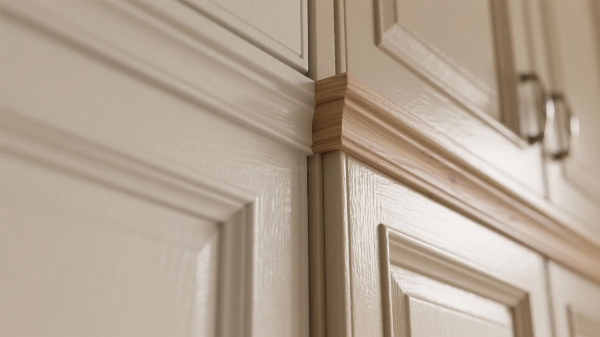 Close up of white cabinet doors featuring natural wood trim detail and metallic silver door handles