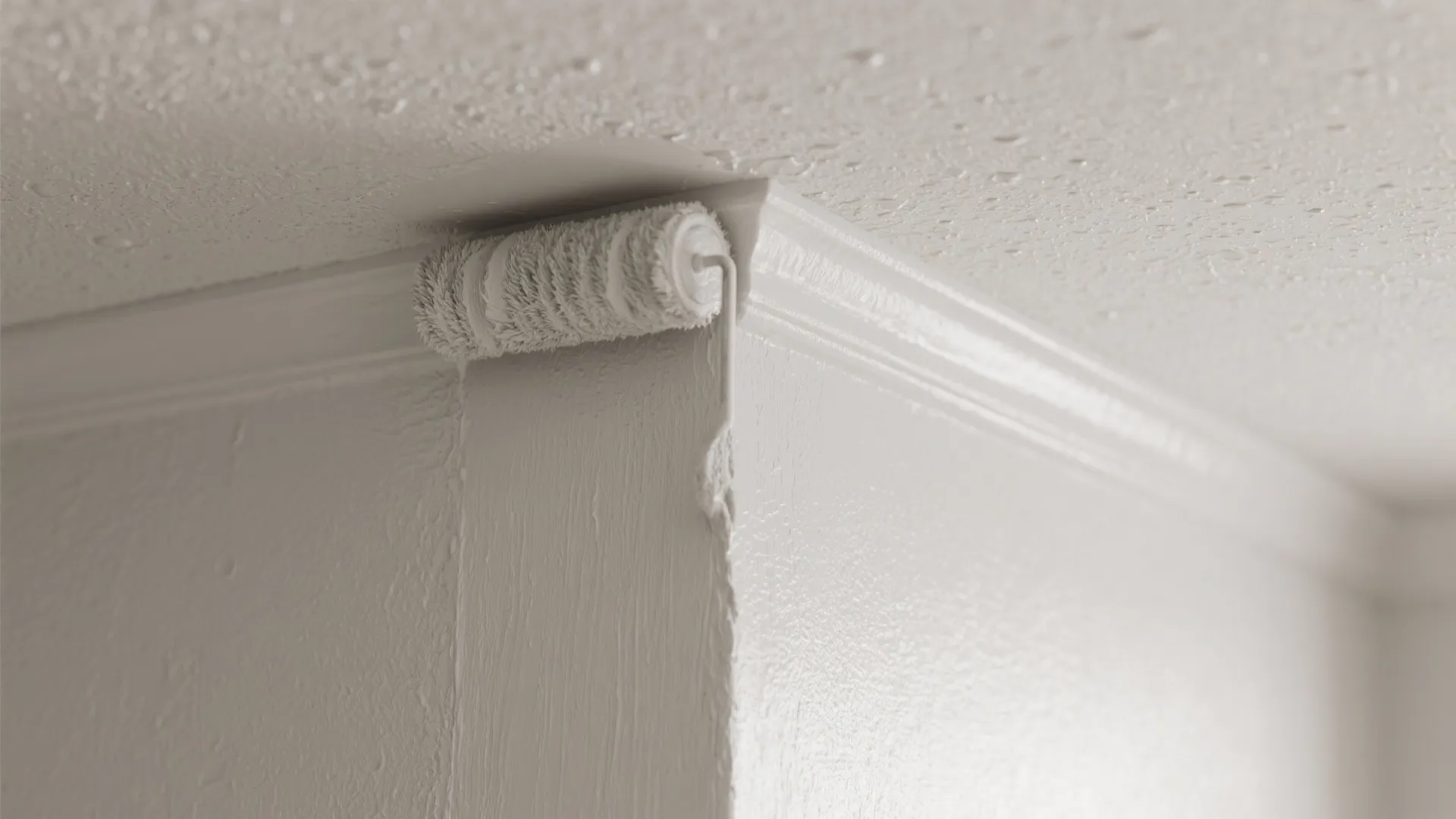 Close-up comparison of matte ceiling texture versus eggshell wall finish with visible roller fibers.
