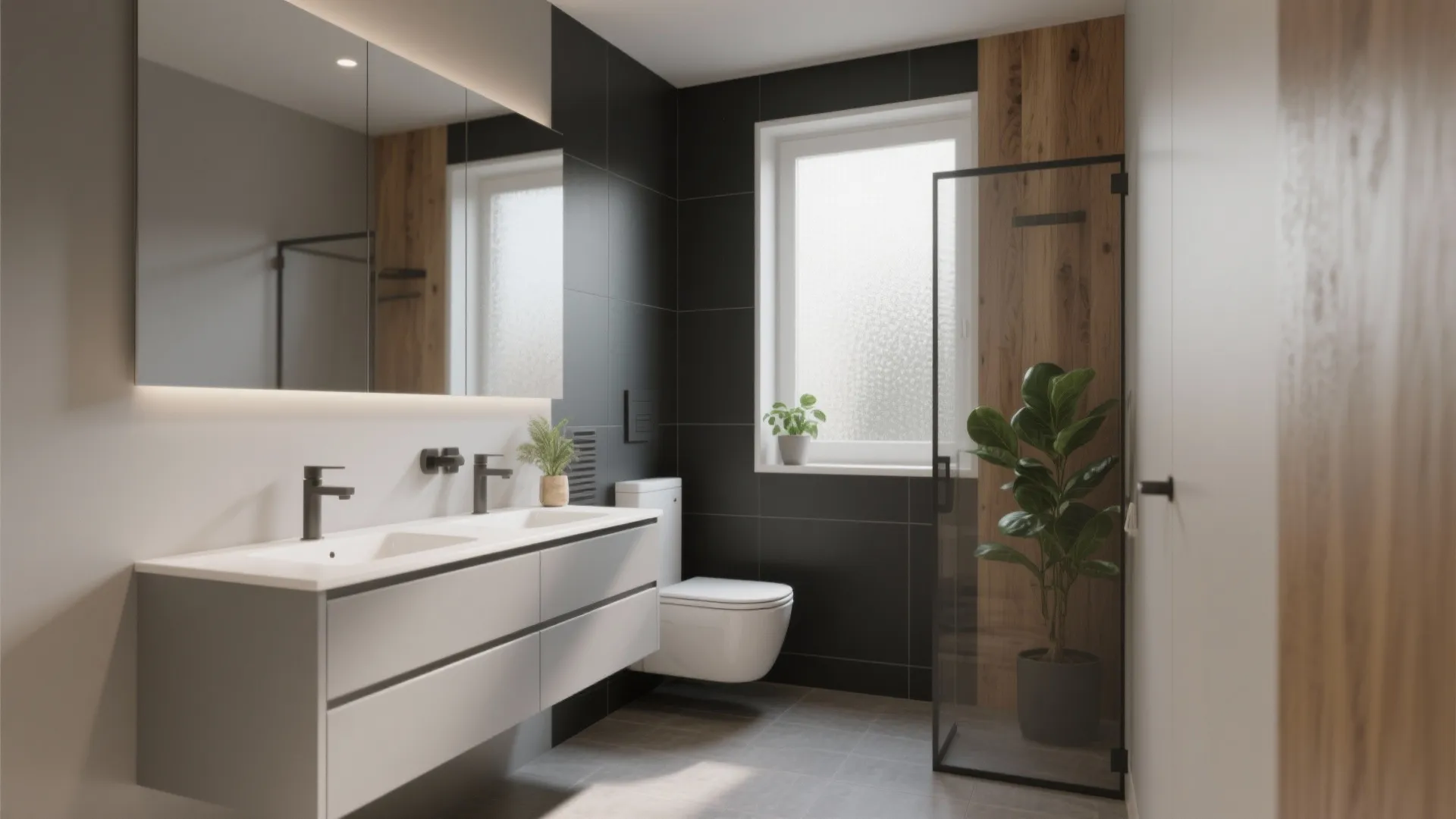 Modern bathroom with white floating cabinet black wall tiles large mirror green plant and glass shower