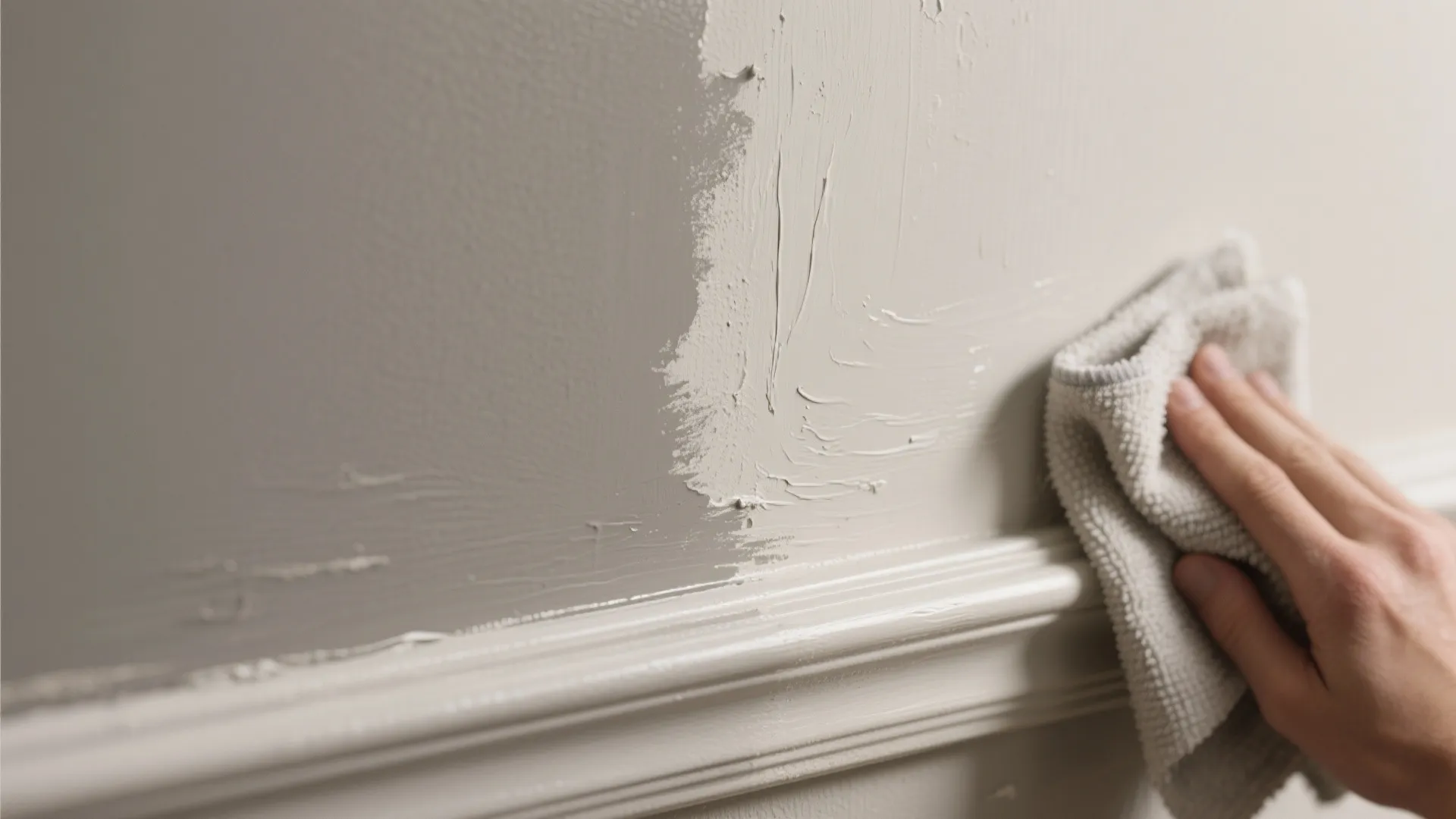 Macro comparison of matte wall texture next to satin trim being cleaned, highlighting sheen and cleanability differences.