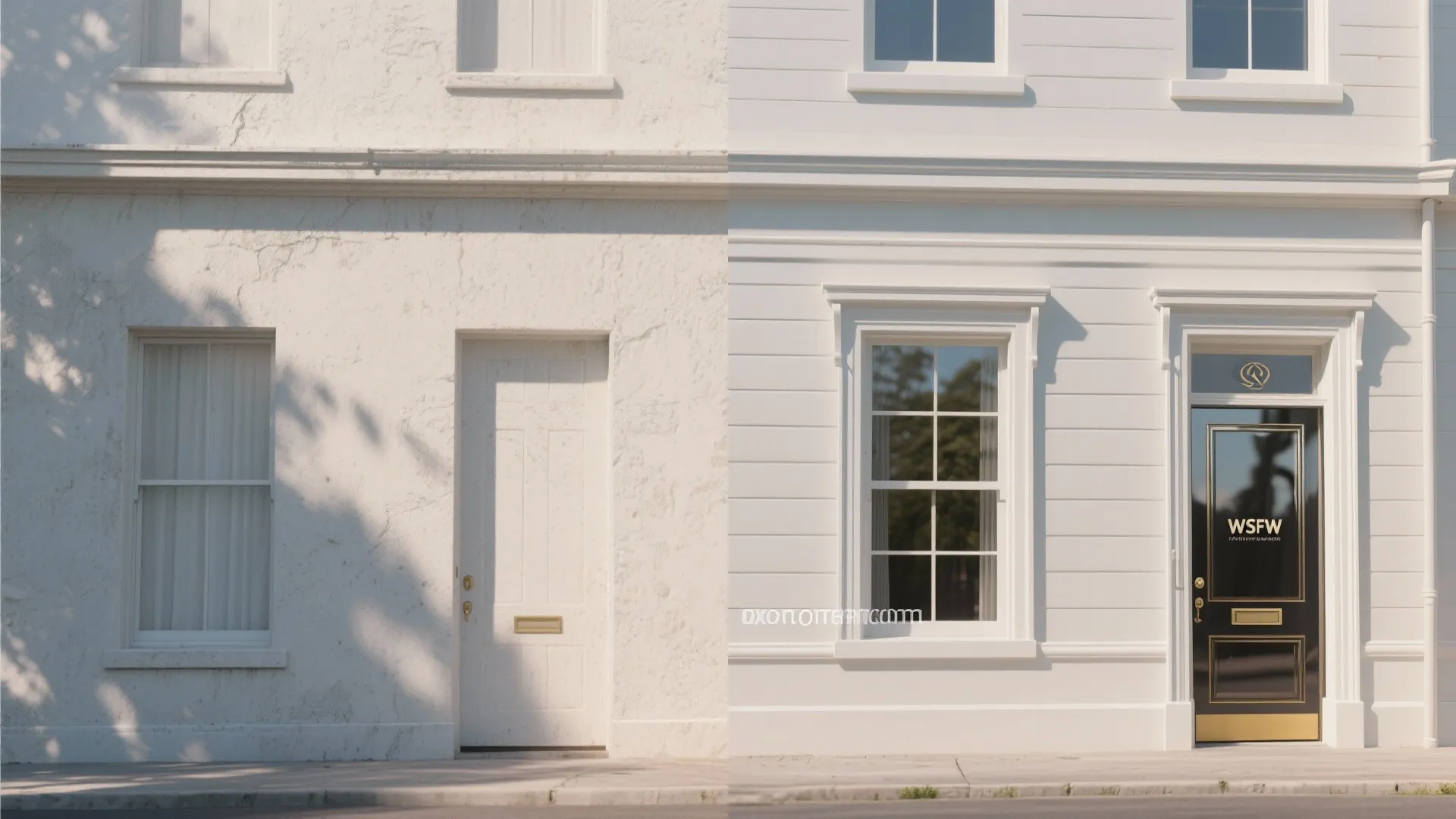 Before and after comparison of a plain white exterior wall versus a modern shop front