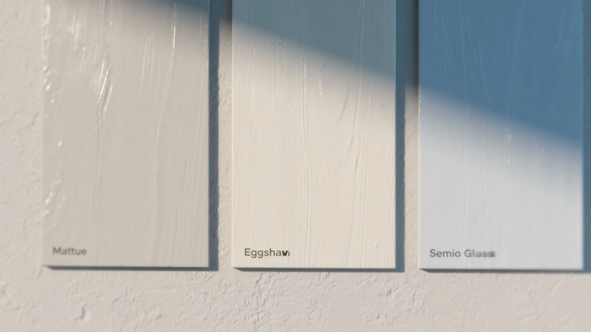Close-up comparison of matte, eggshell, and semi-gloss paint finishes showing texture and light reflection.