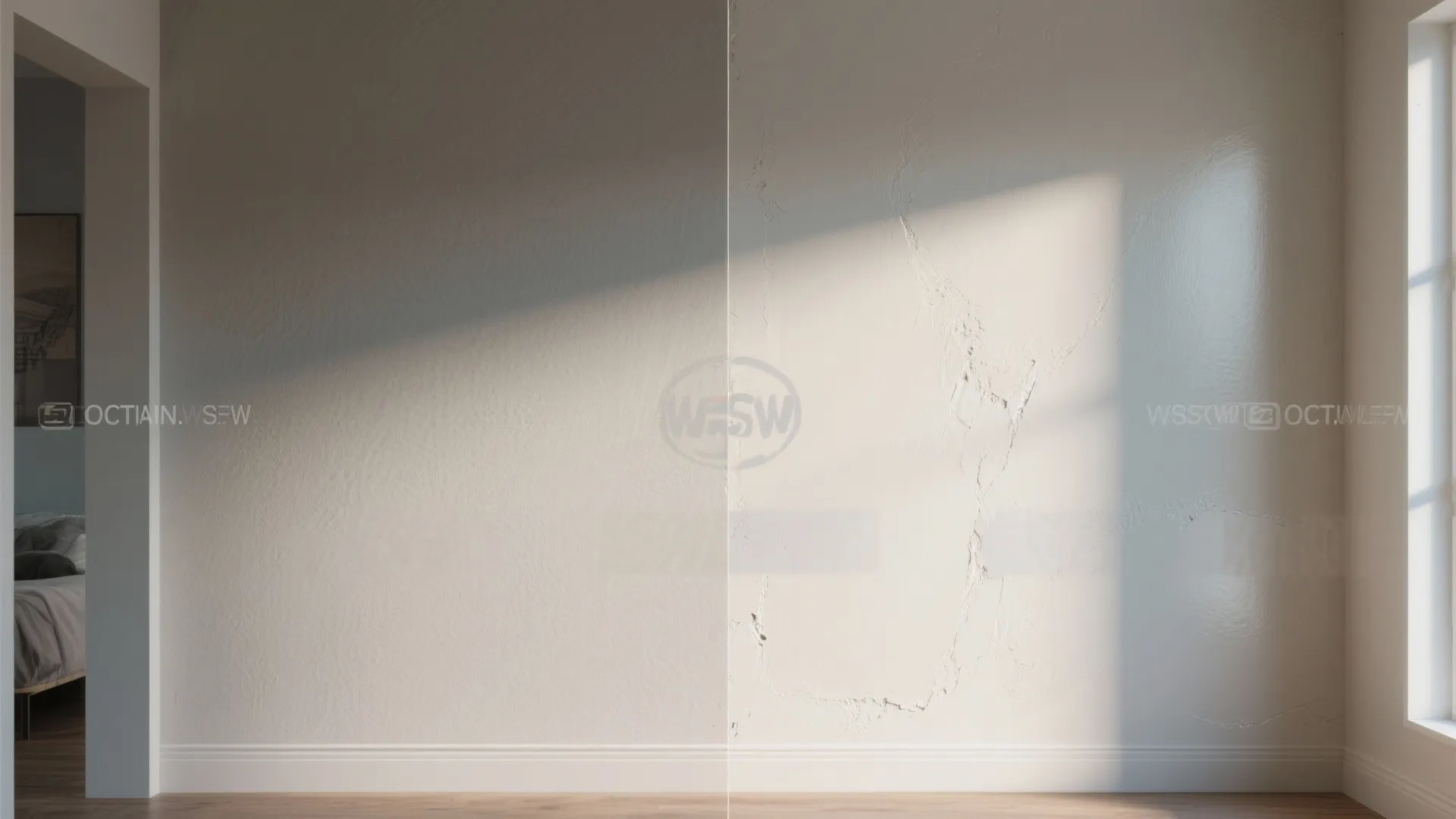 Split screen comparison of matte and glossy wall paint finishes inside a room with bright sunlight