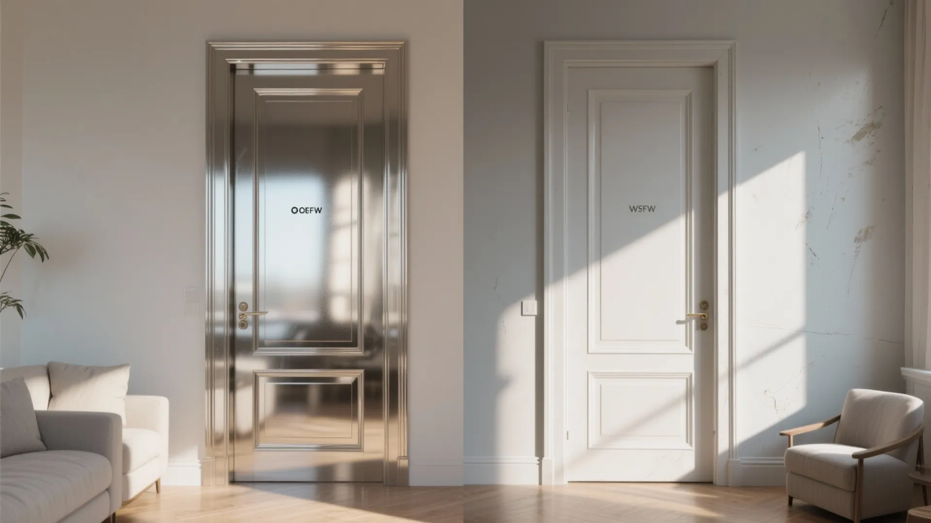 Side by side comparison of a shiny silver door and a matte white door surface finish