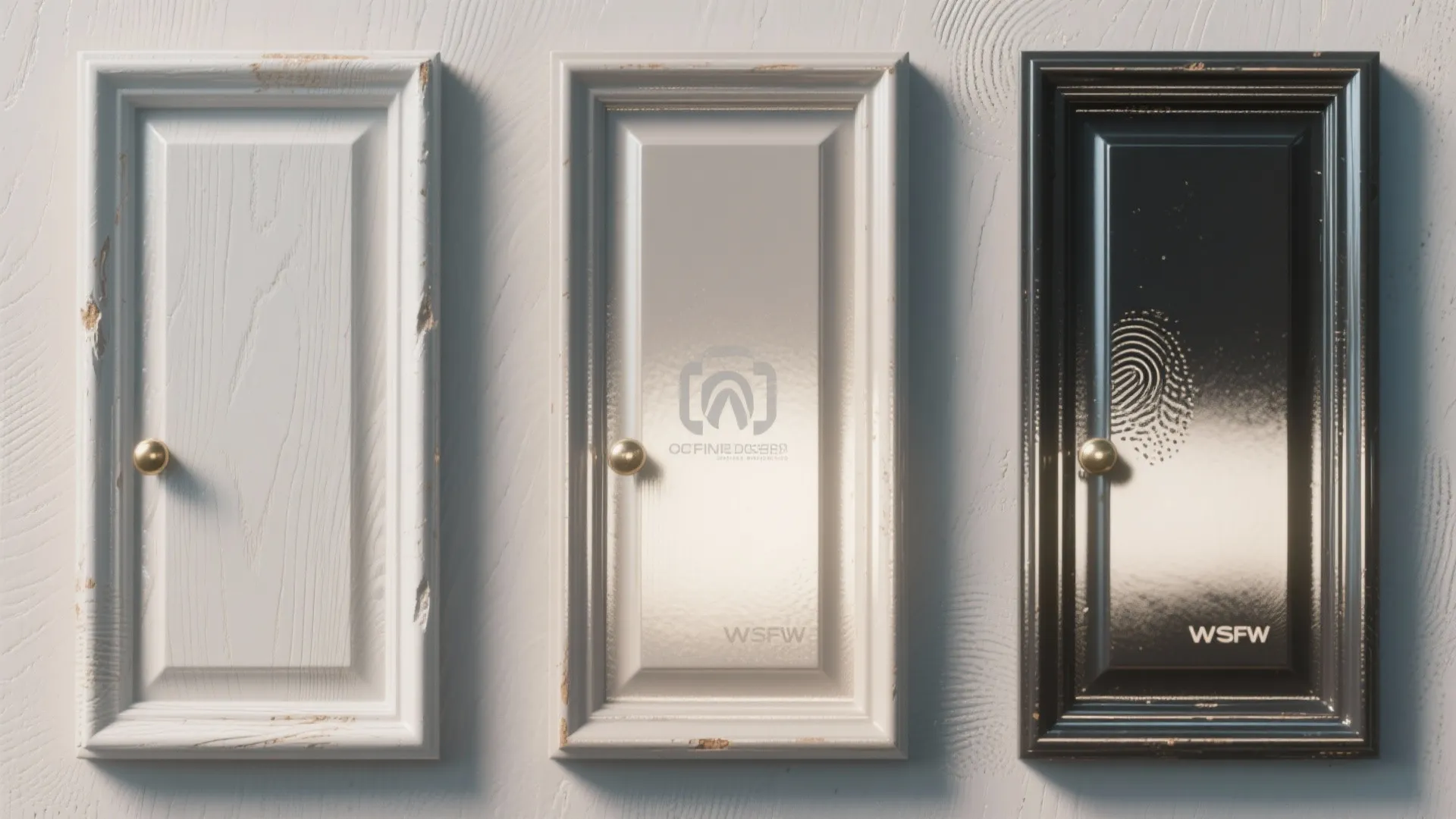 Three small door samples showing different paint finishes from matte white to glossy black surface