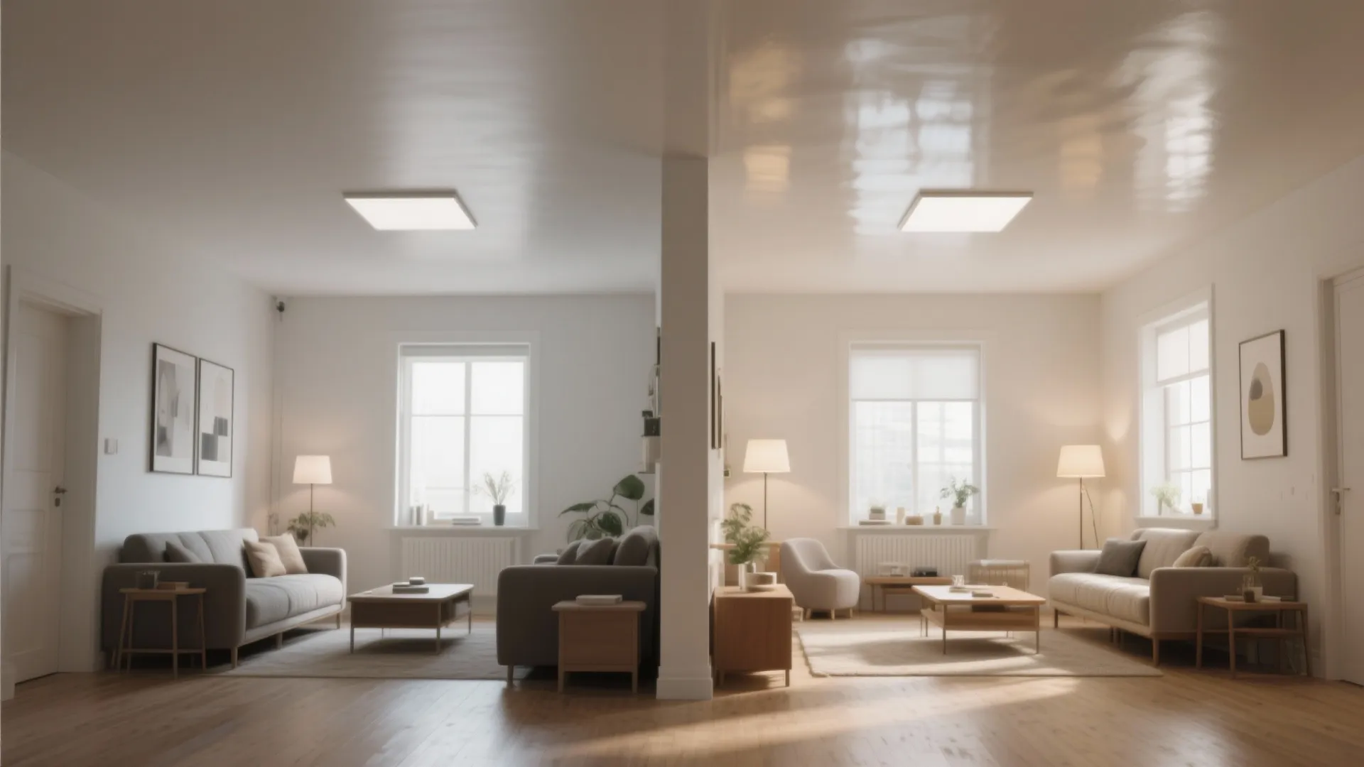 Comparison of matte versus glossy ceiling finish reflecting lights in two similar living room interiors
