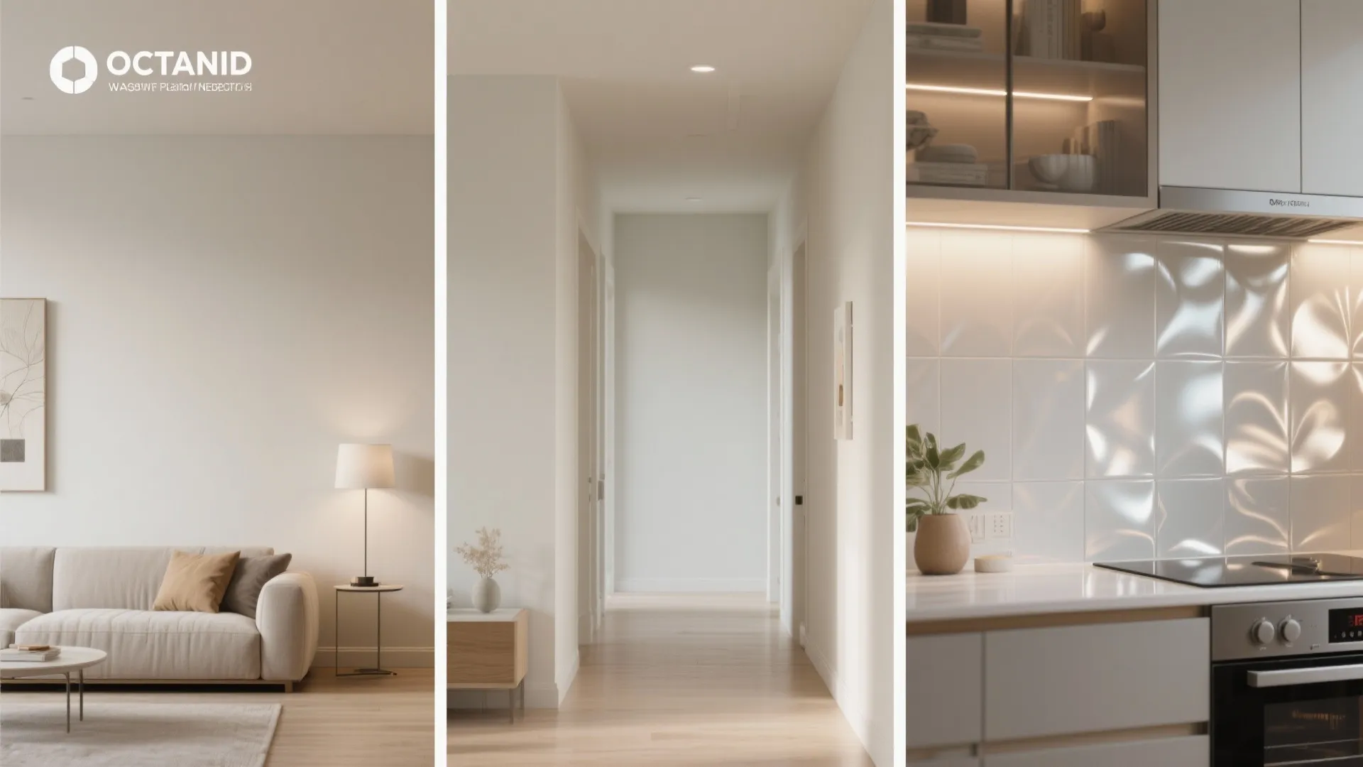 Three panels showing different interior spaces like a living room hallway and a modern kitchen
