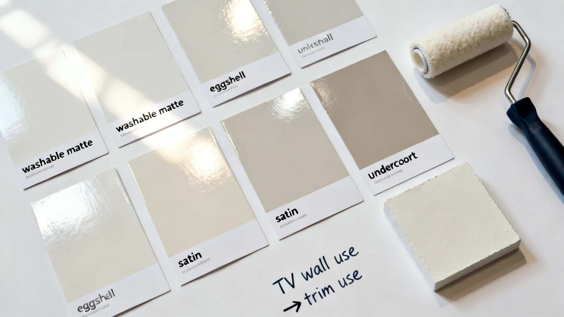 Top-down view comparing washable matte, eggshell, and satin finish samples with undercoat.