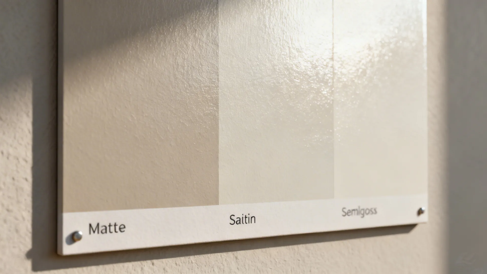 Sample board showing three paint finishes labeled matte satin and semigloss under bright natural light