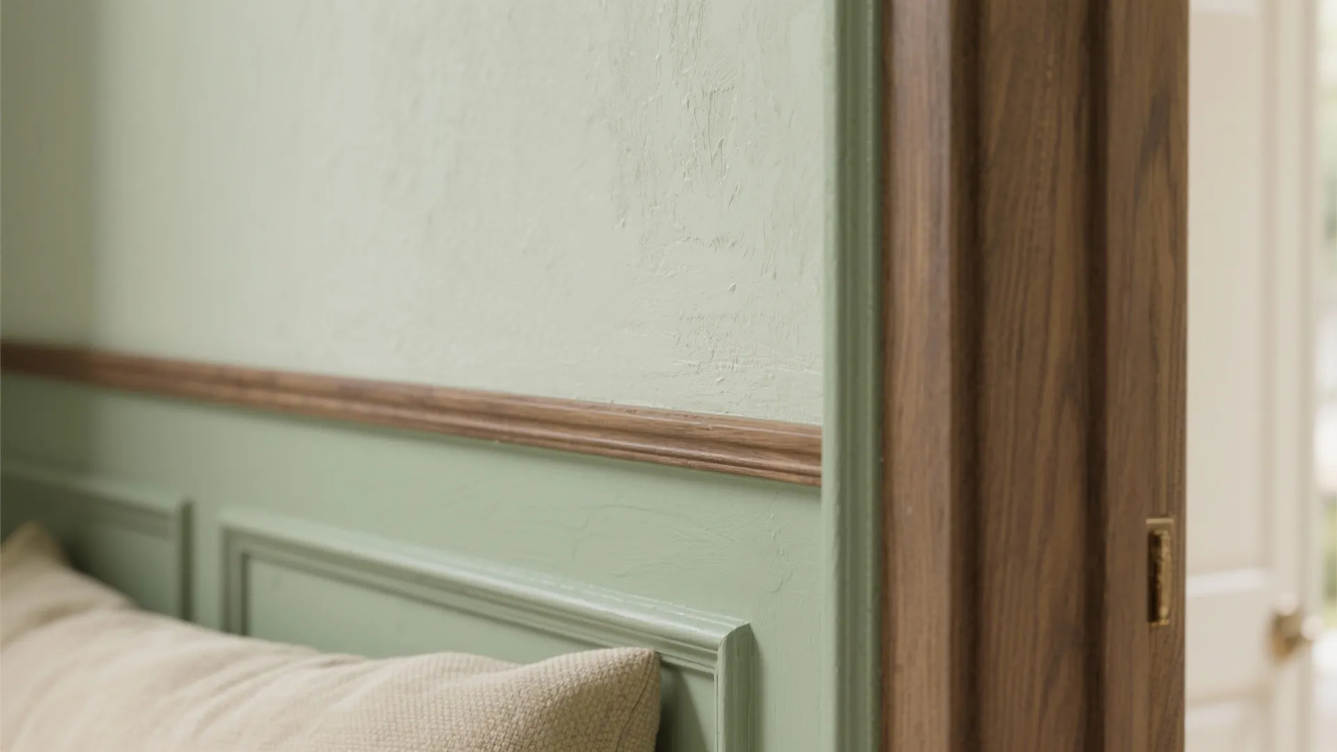 Close up of sage green wall with wooden wall panel and beige pillow near door