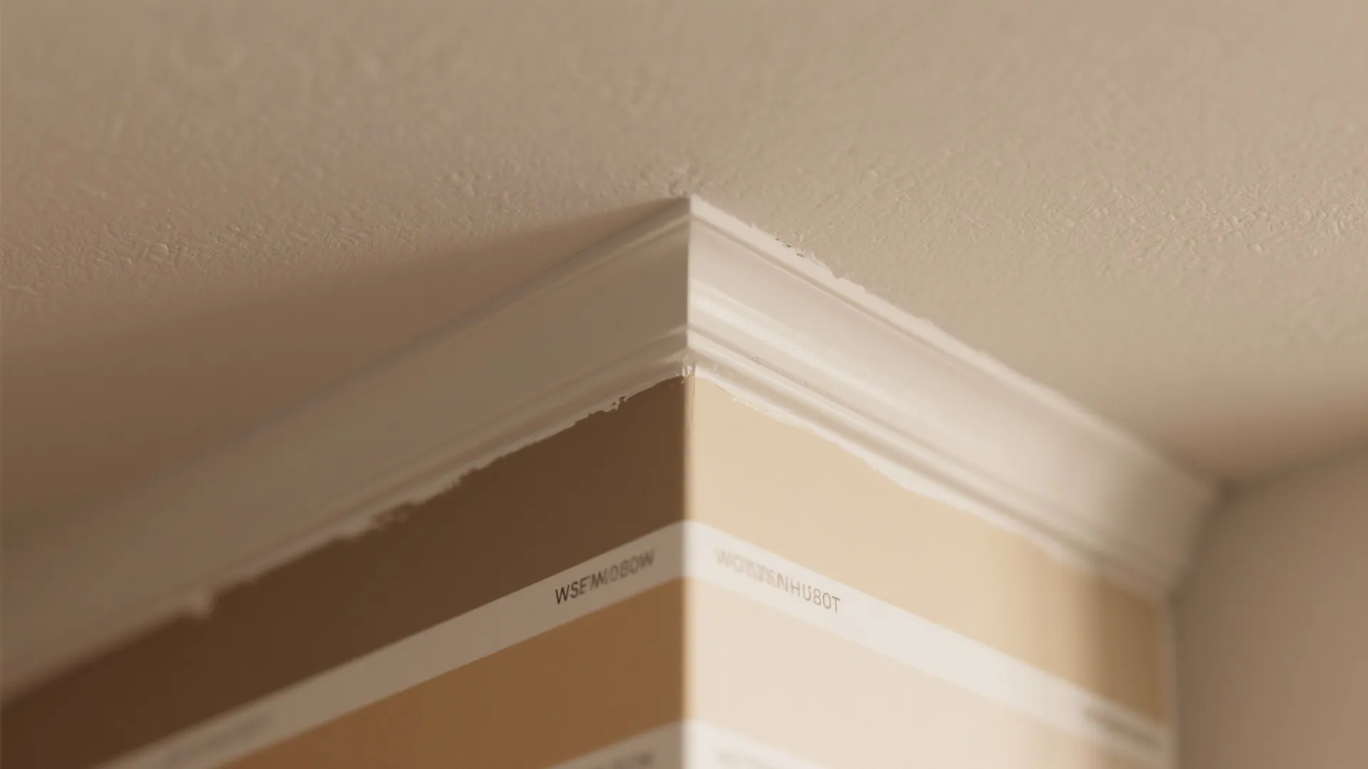 Close-up showing matte ceiling finish and slightly sheened eggshell wall finish in matching color tones.