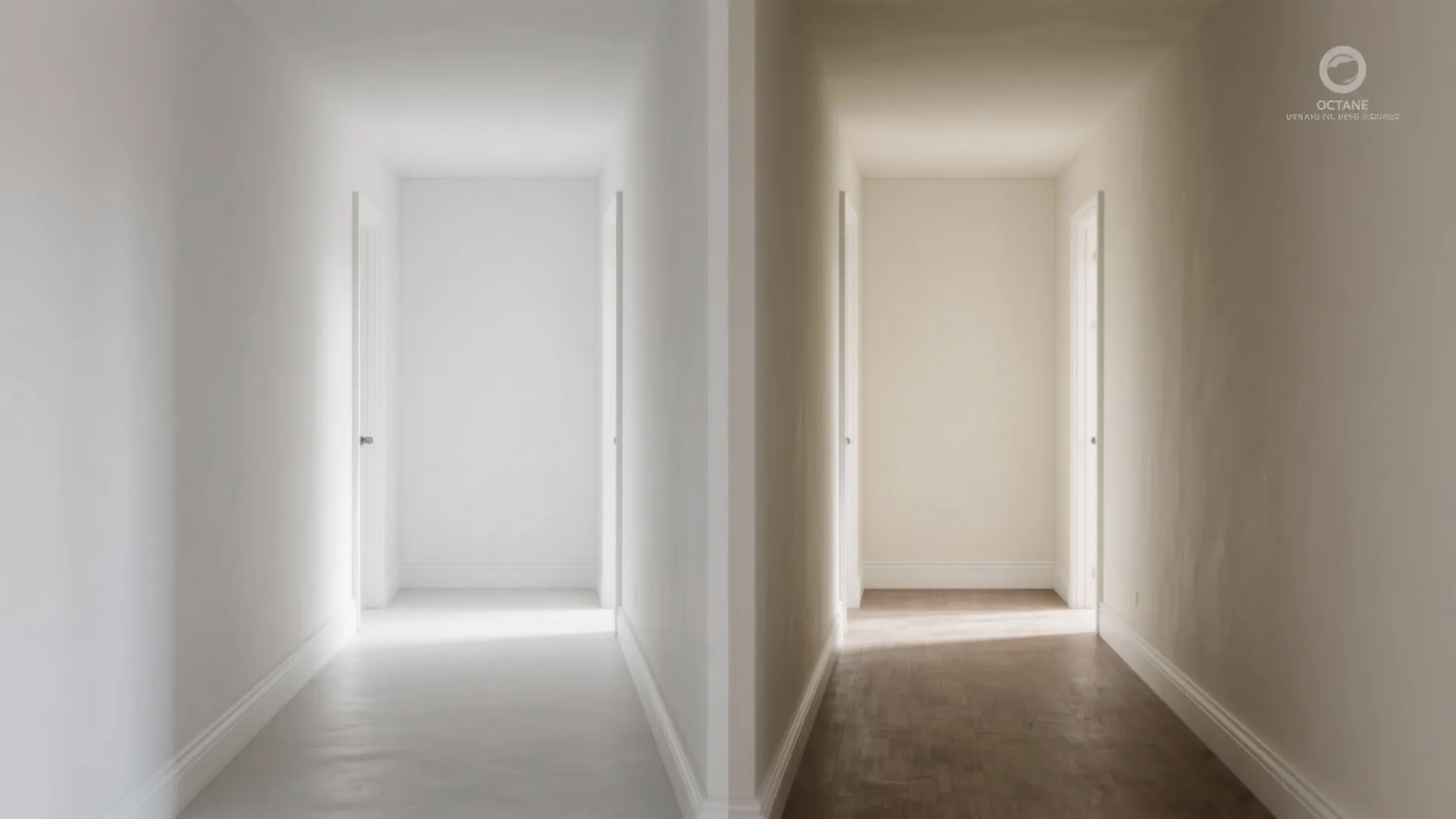 Side by side comparison of a white hallway and a warm hallway with wood flooring