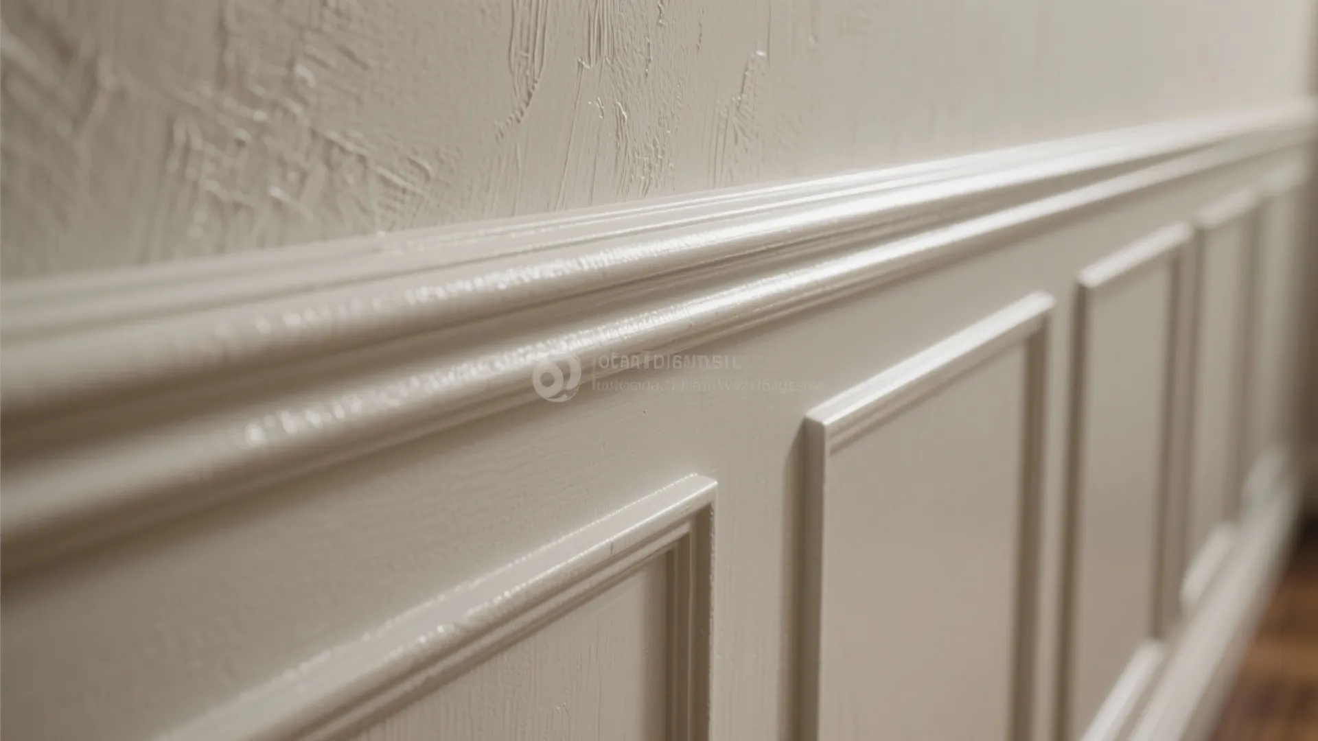 Close-up of glossy white wall panels featuring decorative moldings beneath a textured light beige wall
